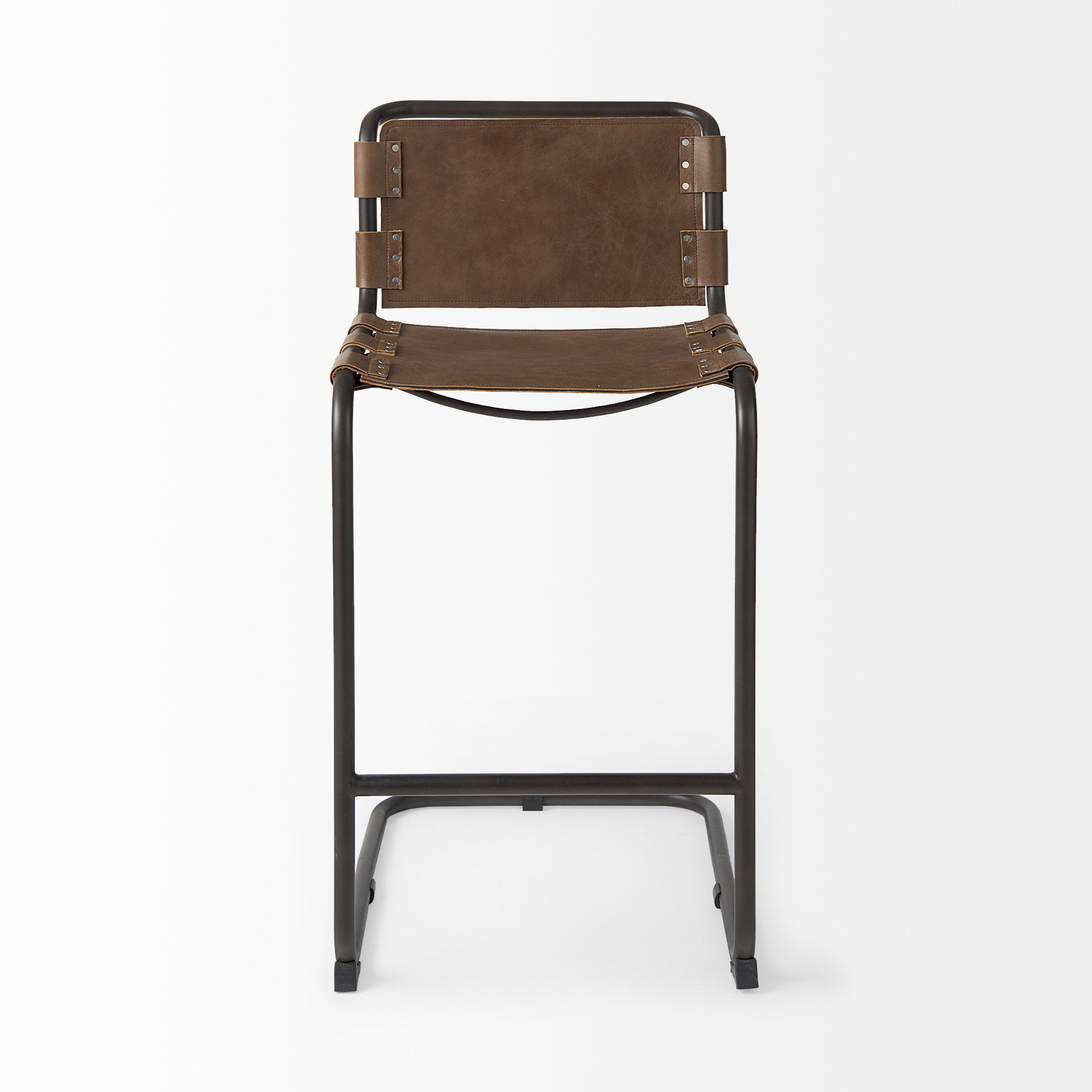Berbick 43' Total Height Medium Brown Leather with Iron Frame Bar Stool, Counter & Bar Stool by Mercana, 20.5" length x 24.8" width x 43" height View 3