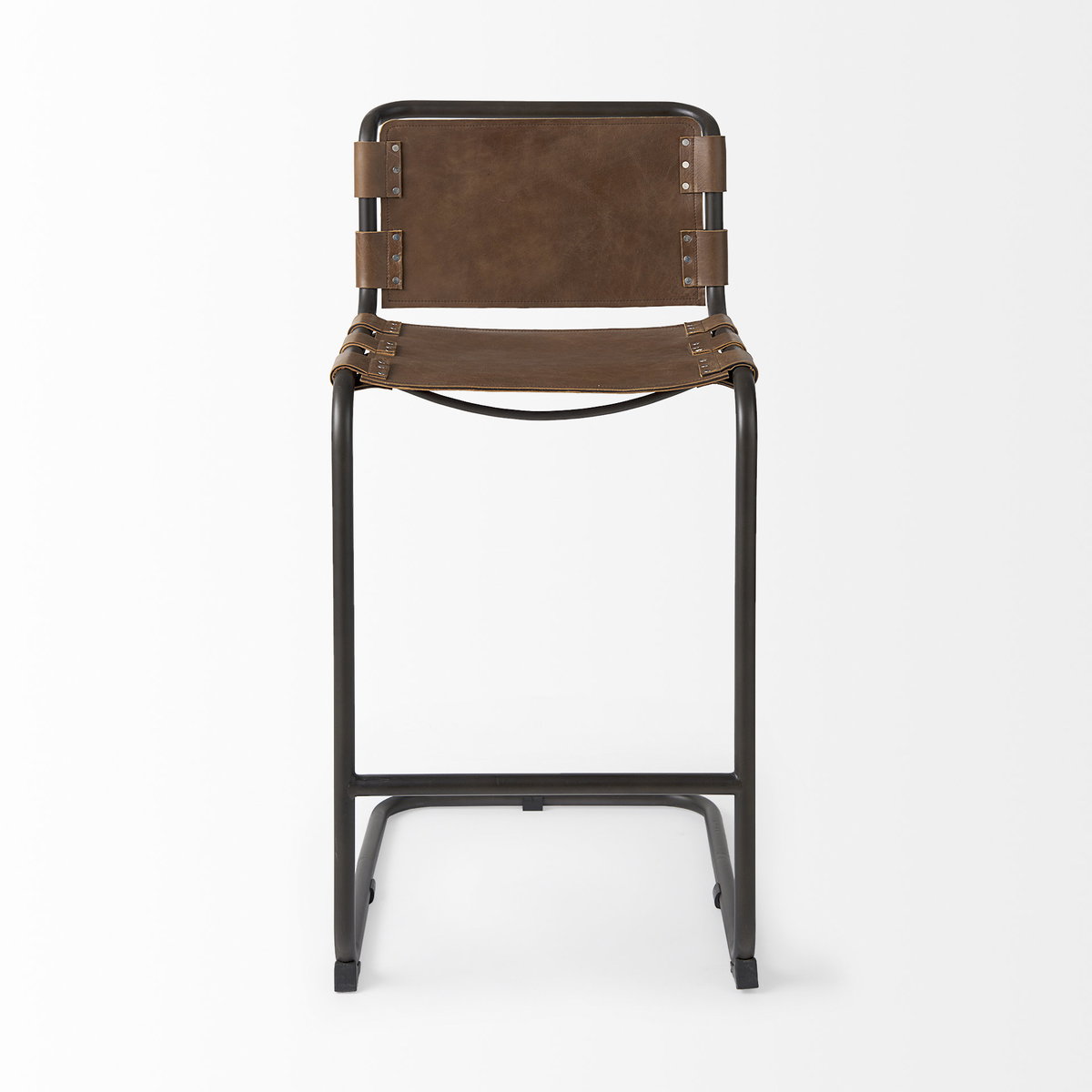 Berbick Low Back 30in Seat Bar Stool | Brown Leather with Gray Metal, Counter & Bar Stool by Mercana, 20.5" length x 24.8" width x 43" height View 3