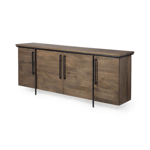 Maddox IV 80x19 Brown Solid Wood Black Metal Accent 4 Door Cabinet Sideboard