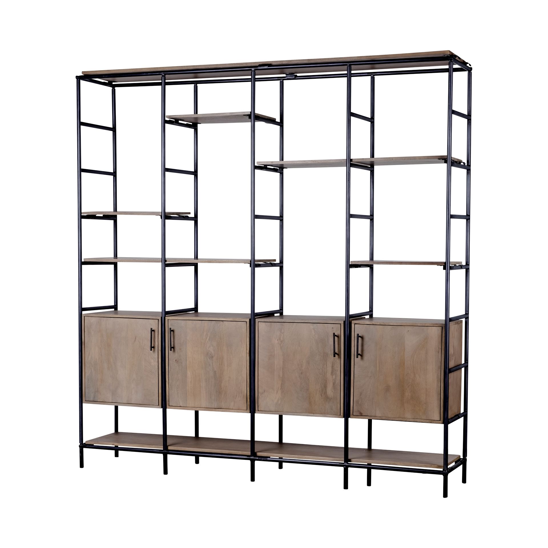 Darius 82L x 16.5W x 90H Medium Brown Wood and Metal Multi-Shelf Shelving Unit, Shelving & Bookcase by Mercana, 82" length x 16.5" width x 90" height View 1
