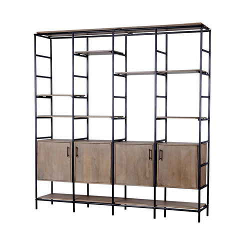 Darius 82L x 16.5W x 90H Medium Brown Wood and Metal Multi-Shelf Shelving Unit
