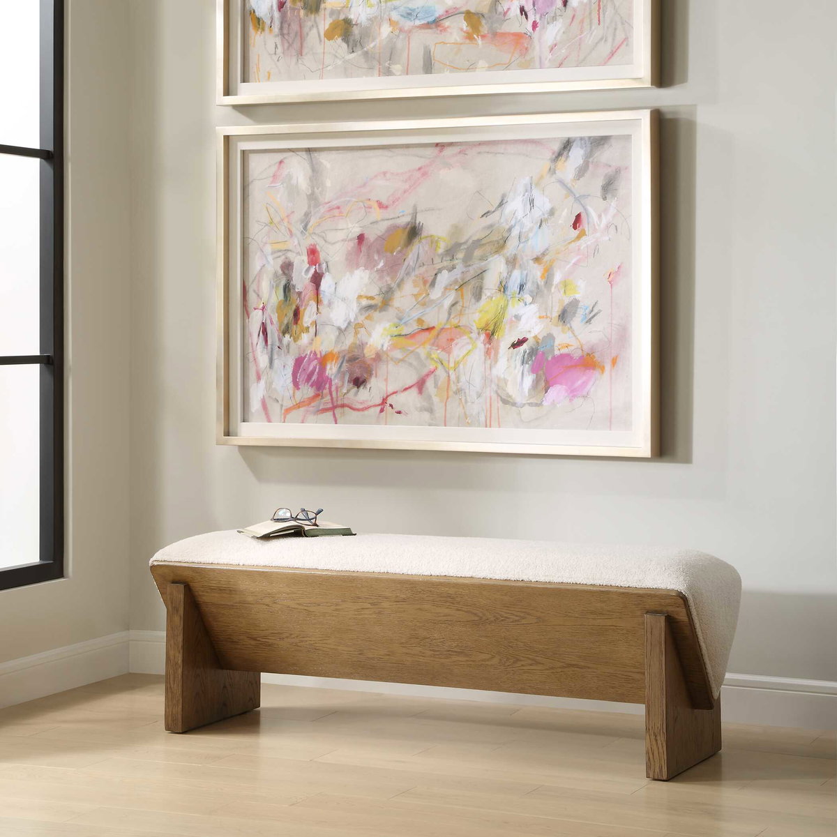 Wedged Ivory Fabric Bench, Benche by Uttermost, 59" width x 17" height x 19" depth View 4