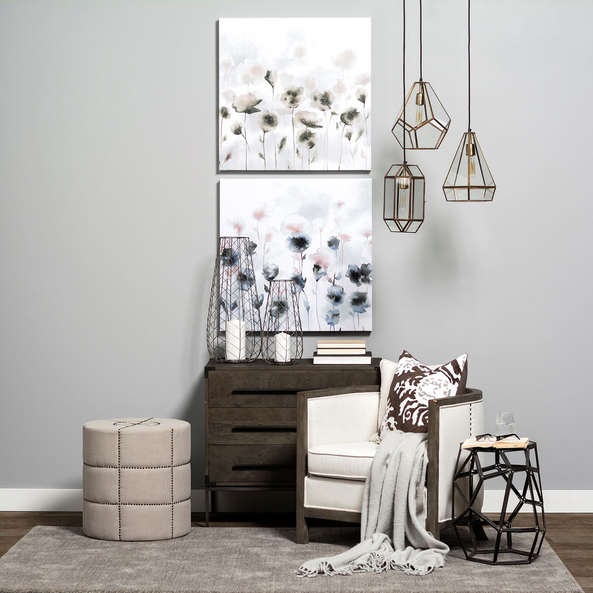 Beacon 20.5'H Cream Fabric with Metal Tacks Round Ottoman, by Mercana, 19.69" length x 19.69" width x 20.75" height View 3
