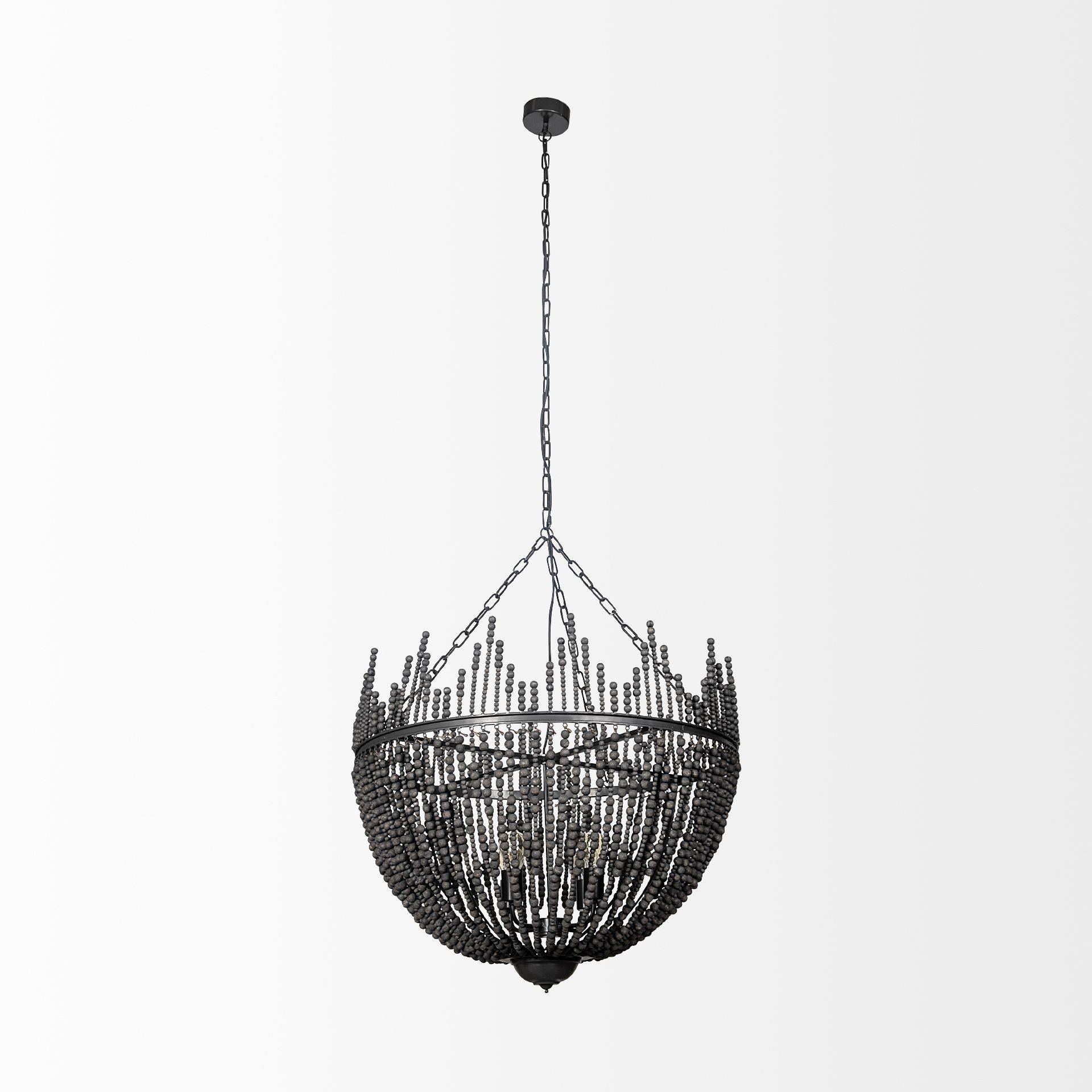 Liam I 32x30 Black Wooden Bead Bowl-Style Four Bulb Chandelier, by Mercana, 32.28" length x 32.28" width x 30" height View 3