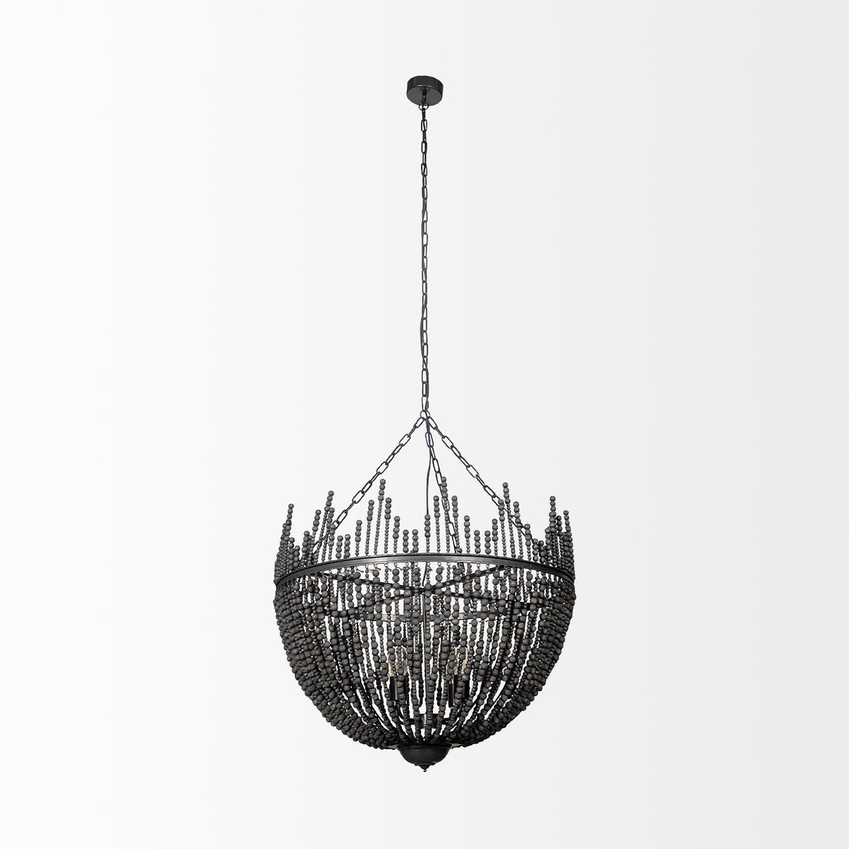 Liam I 32x30 Black Wooden Bead Bowl-Style Four Bulb Chandelier, by Mercana, 32.28" length x 32.28" width x 30" height View 3
