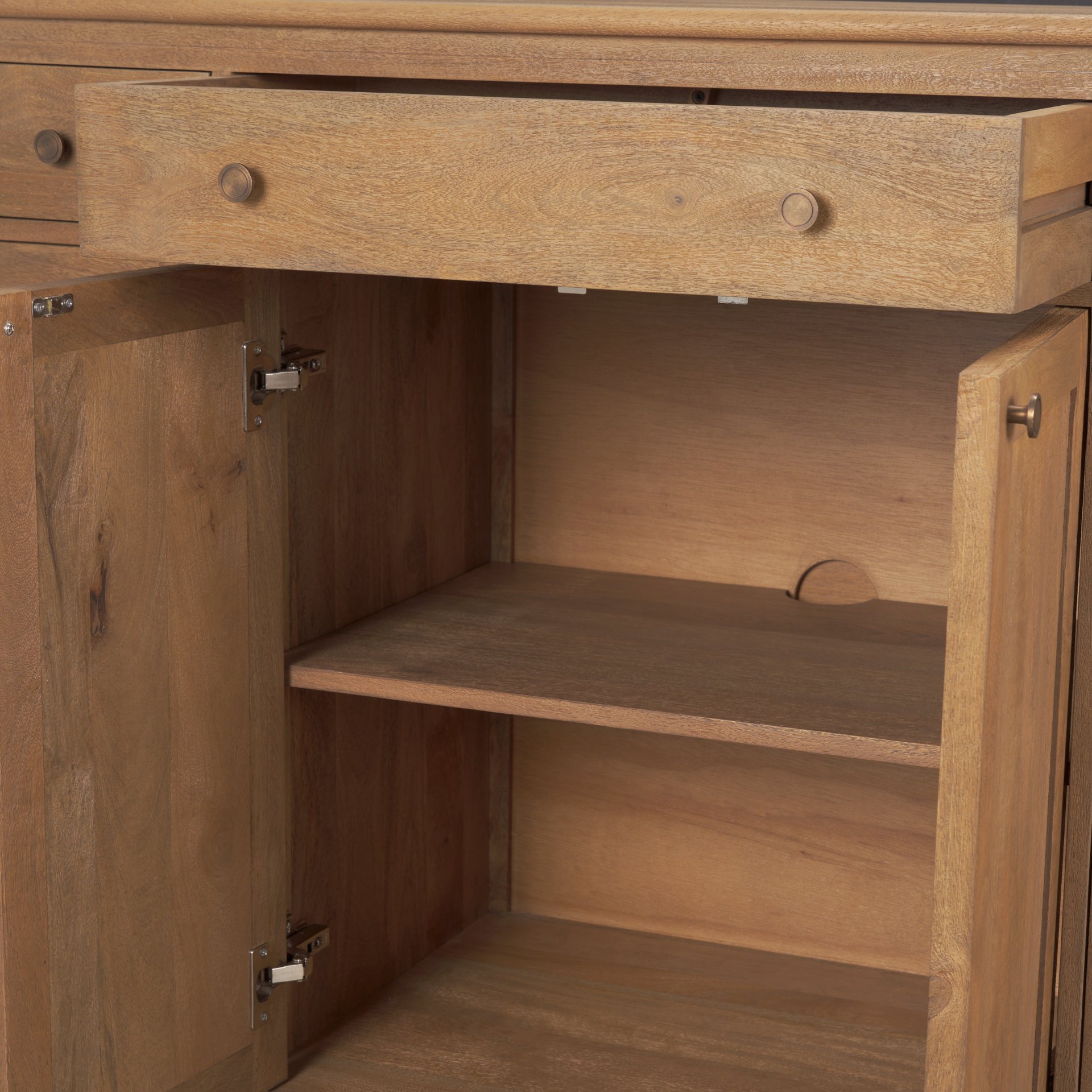 Baron Light Brown Solid Wood with Antiqued Brass Knobs 3-Drawer 6-Door Sideboard, Sideboards & Buffet by Mercana, 81.75" length x 19" width x 36" height View 12