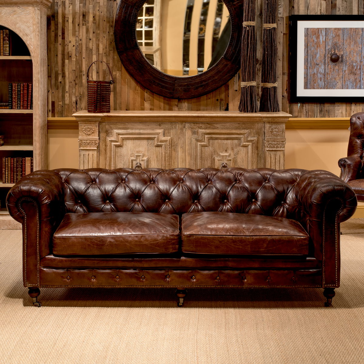 Castered Chesterfield Sofa, by Sarreid, 3'2" length x 7'5" width x 2'8" height View 16