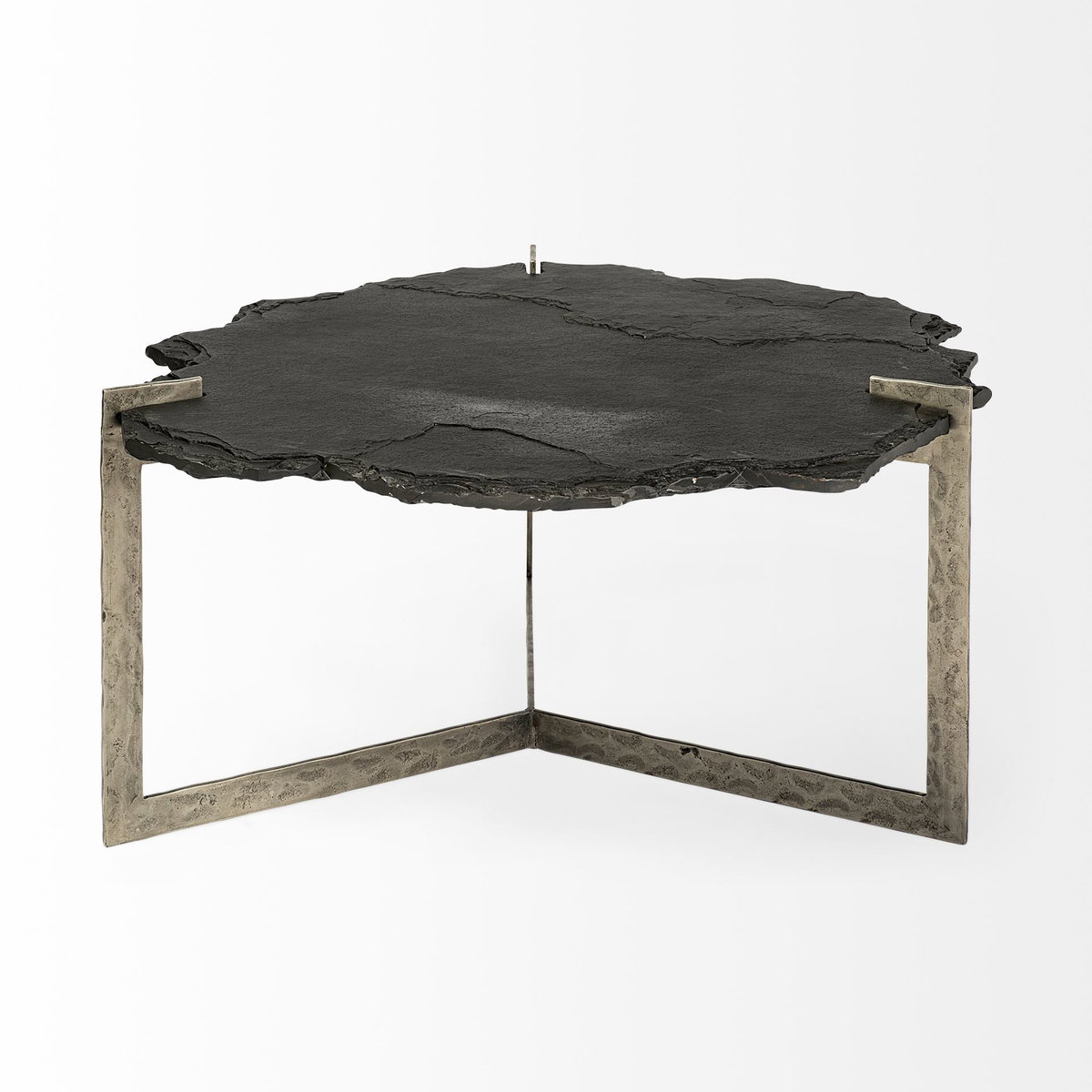 Shale 37' Irregular Live-Edge Black Slate with Flat Iron Base Coffee Table, by Mercana, 37" length x 37" width x 17.5" height View 3