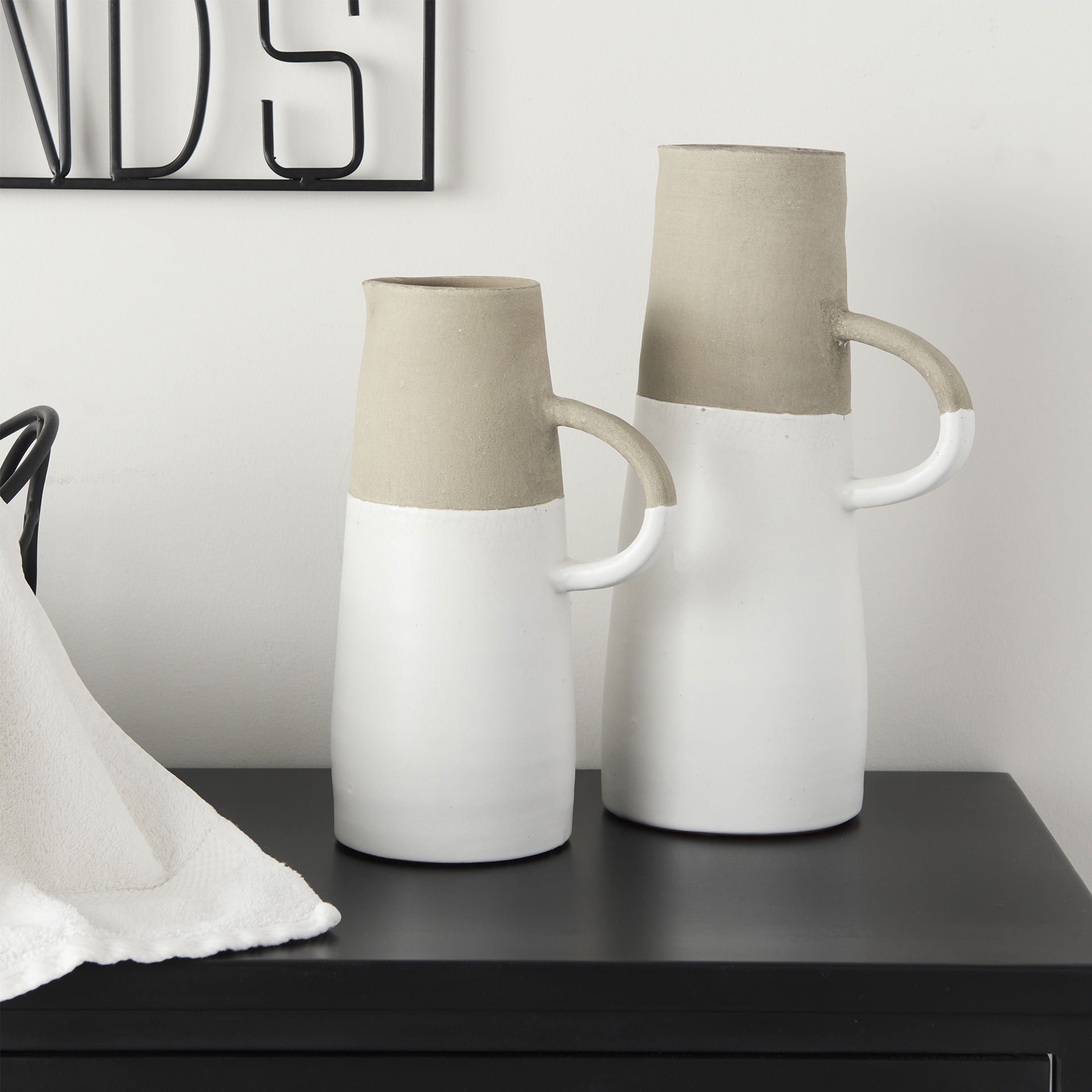 Garand Small 13H Two-Toned White Natural Ceramic Jug, Decorative Jar by Mercana, 6.3" length x 4.53" width x 10.24" height View 5