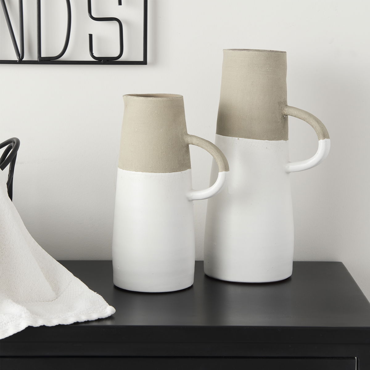 Garand Small 13H Two-Toned White Natural Ceramic Jug, Decorative Jar by Mercana, 6.3" length x 4.53" width x 10.24" height View 5