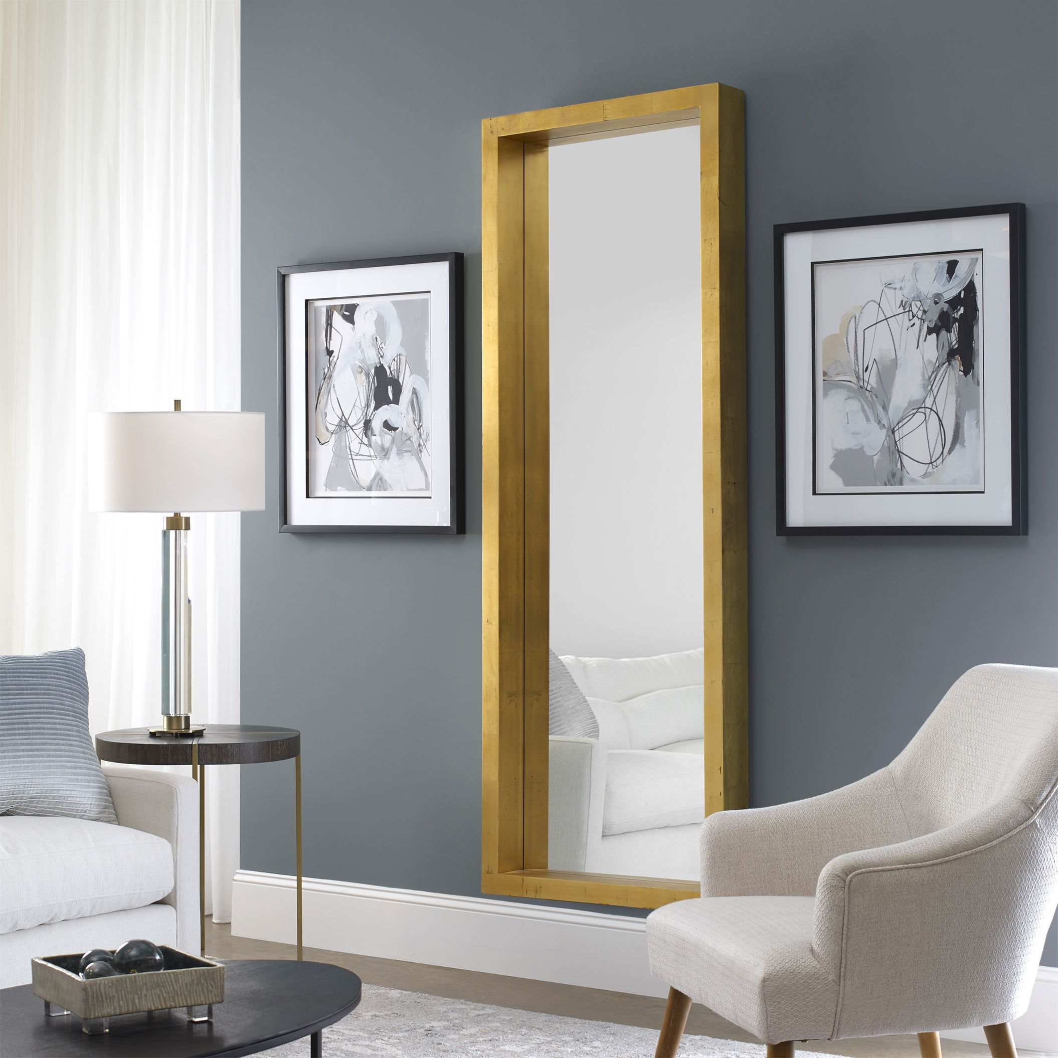 Edmonton Gold Leaner Mirror, by Uttermost, 27.5" width x 75.5" height x 4.5" depth View 2