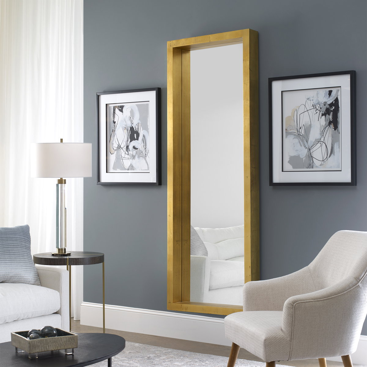 Edmonton Gold Leaner Mirror, by Uttermost, 27.5" width x 75.5" height x 4.5" depth View 2