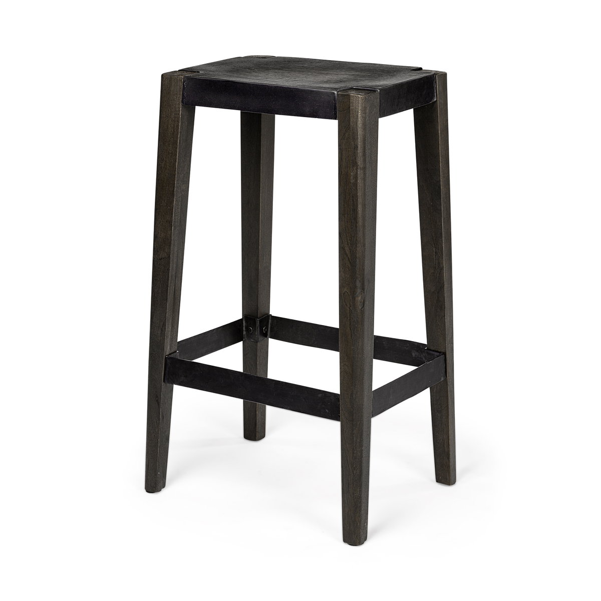 Nell Backless 30in Seat Bar Stool | Black Metal with Dark Brown Wood, Counter & Bar Stool by Mercana, 18" length x 15" width x 30" height View 1