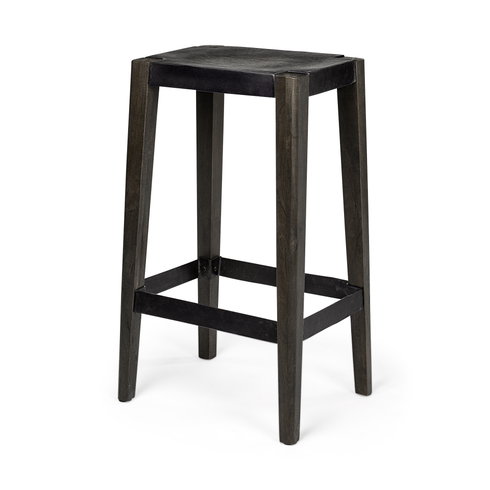 Nell Backless 30in Seat Bar Stool | Black Metal with Dark Brown Wood