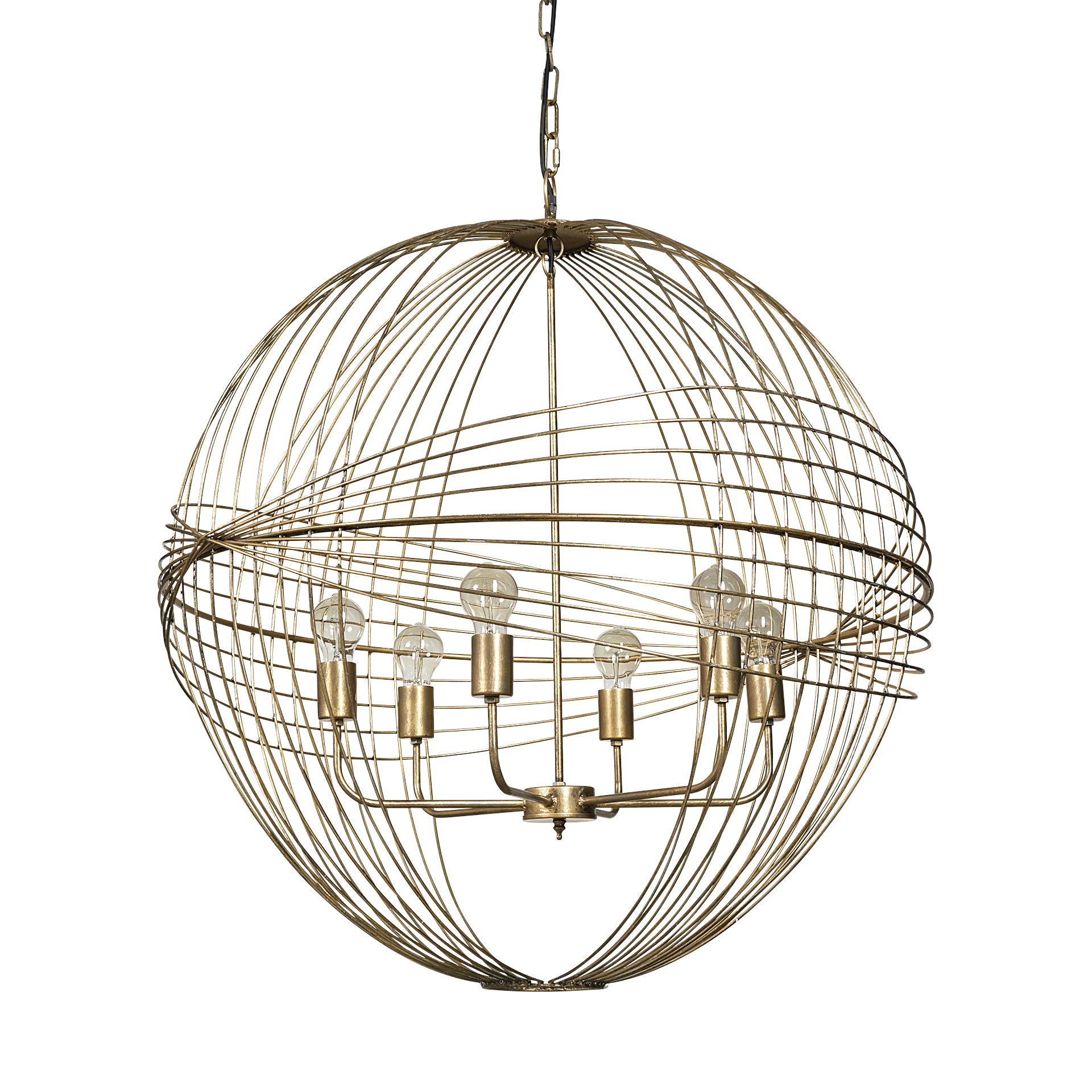 Chiron II 36L x 36W x 38H Gold Metal Globe Six Bulb Chandelier, by Mercana, 36" length x 36" width x 38" height View 1