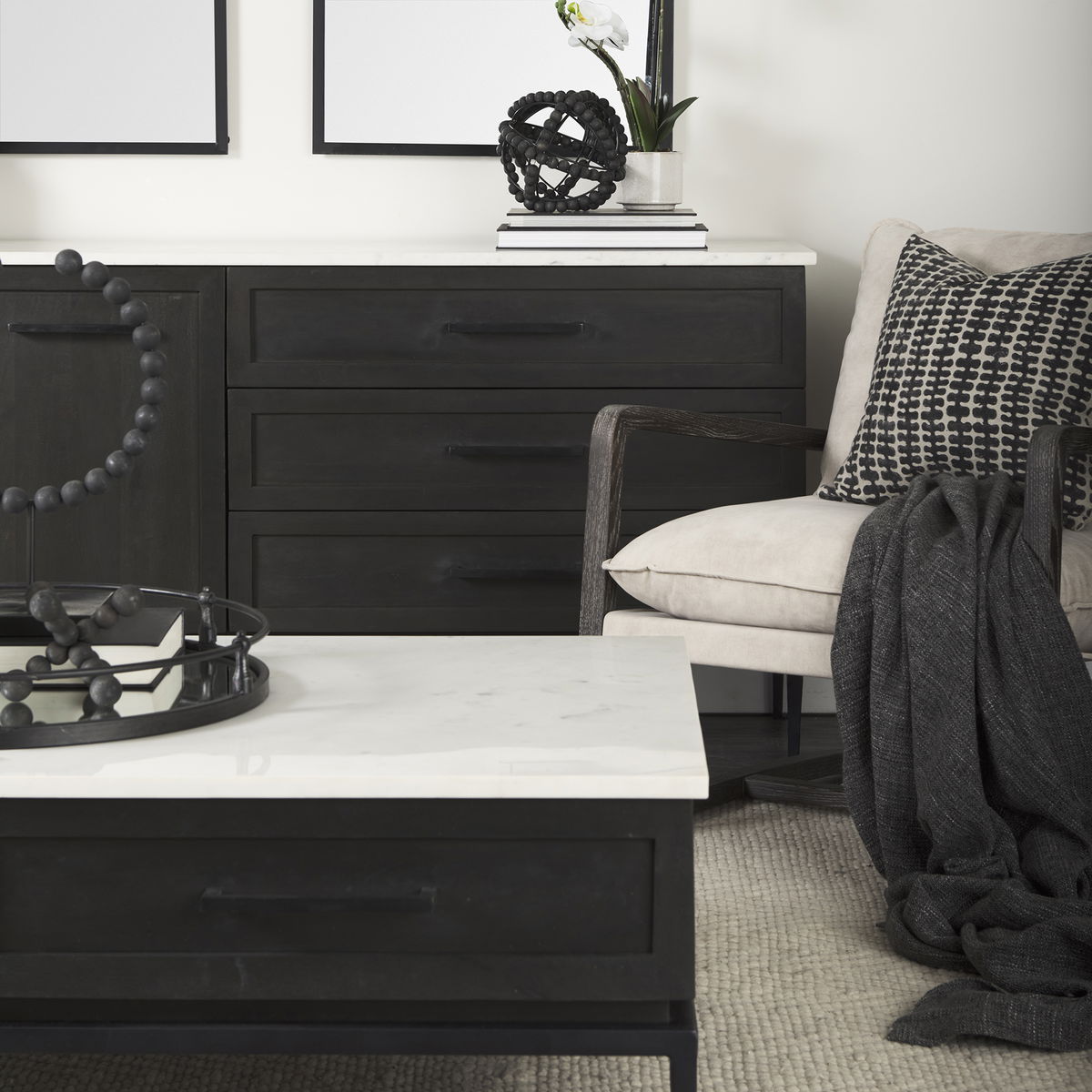 Divina Black-Brown Wood with White Marble Top and Black Metal Base Sideboard, Sideboards & Buffet by Mercana, 71" length x 18.5" width x 32" height View 3