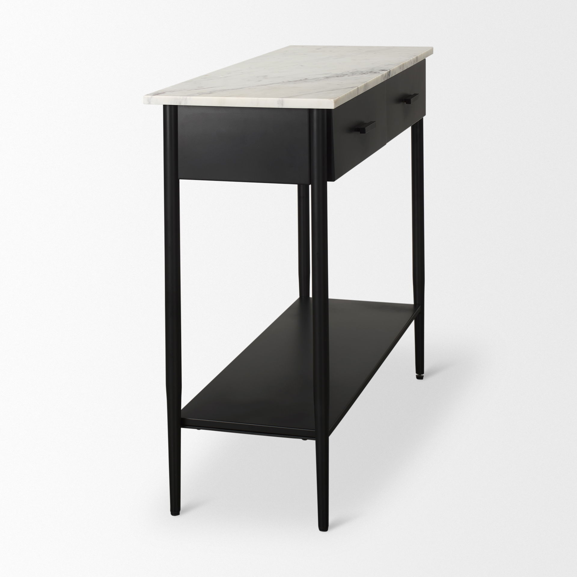 Amika White Marble Top Black Metal Base Console Table, by Mercana, 44" length x 12" width x 32" height View 8