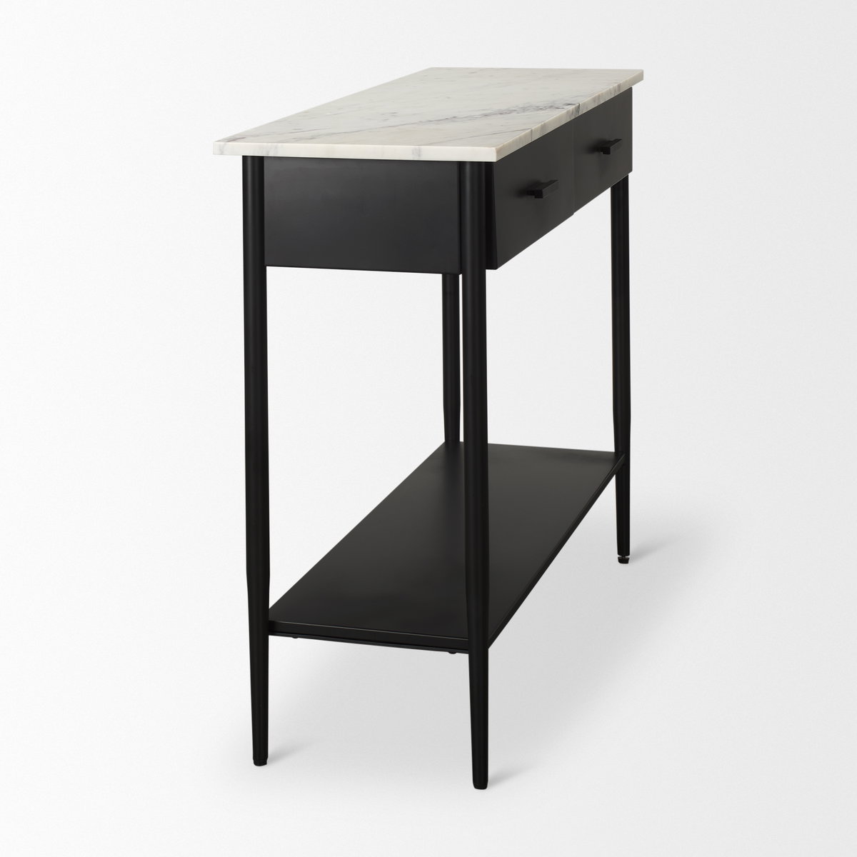 Amika White Marble Top Black Metal Base Console Table, by Mercana, 44" length x 12" width x 32" height View 8
