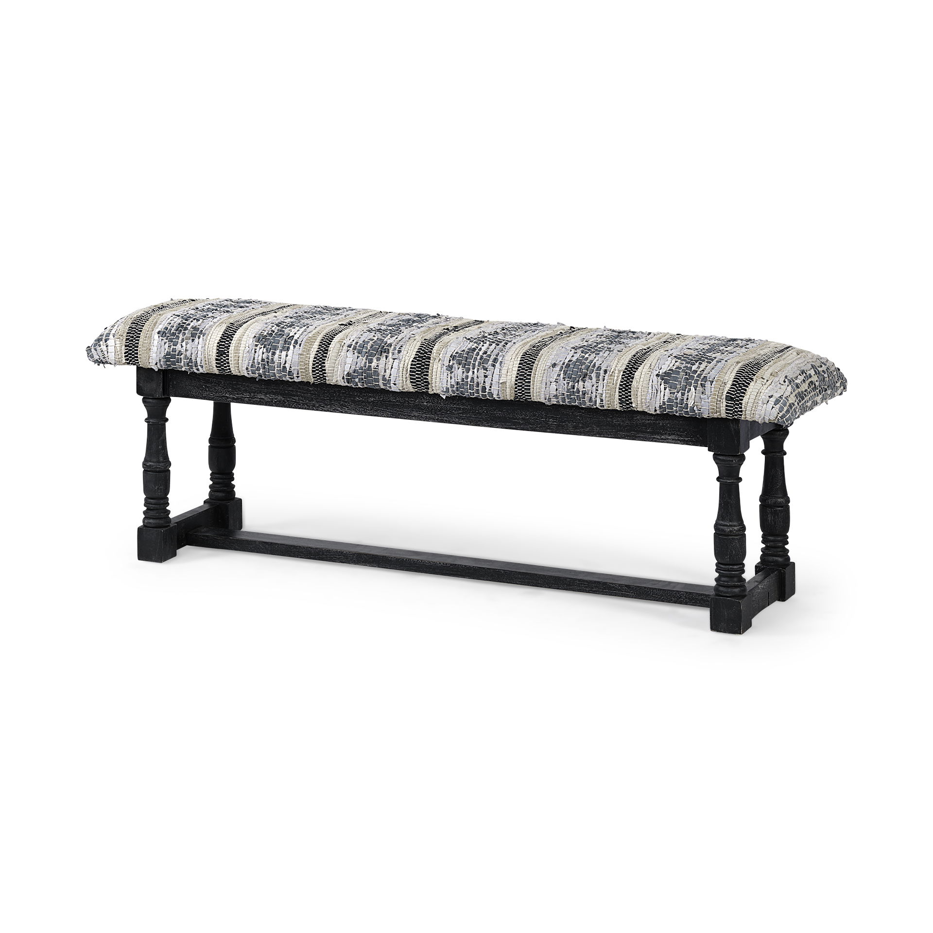 Denison II 56L x 15W Black Wood Base Woven-Leather Cushion Top Accent Bench, Benche by Mercana, 56" length x 14.5" width x 19" height View 1
