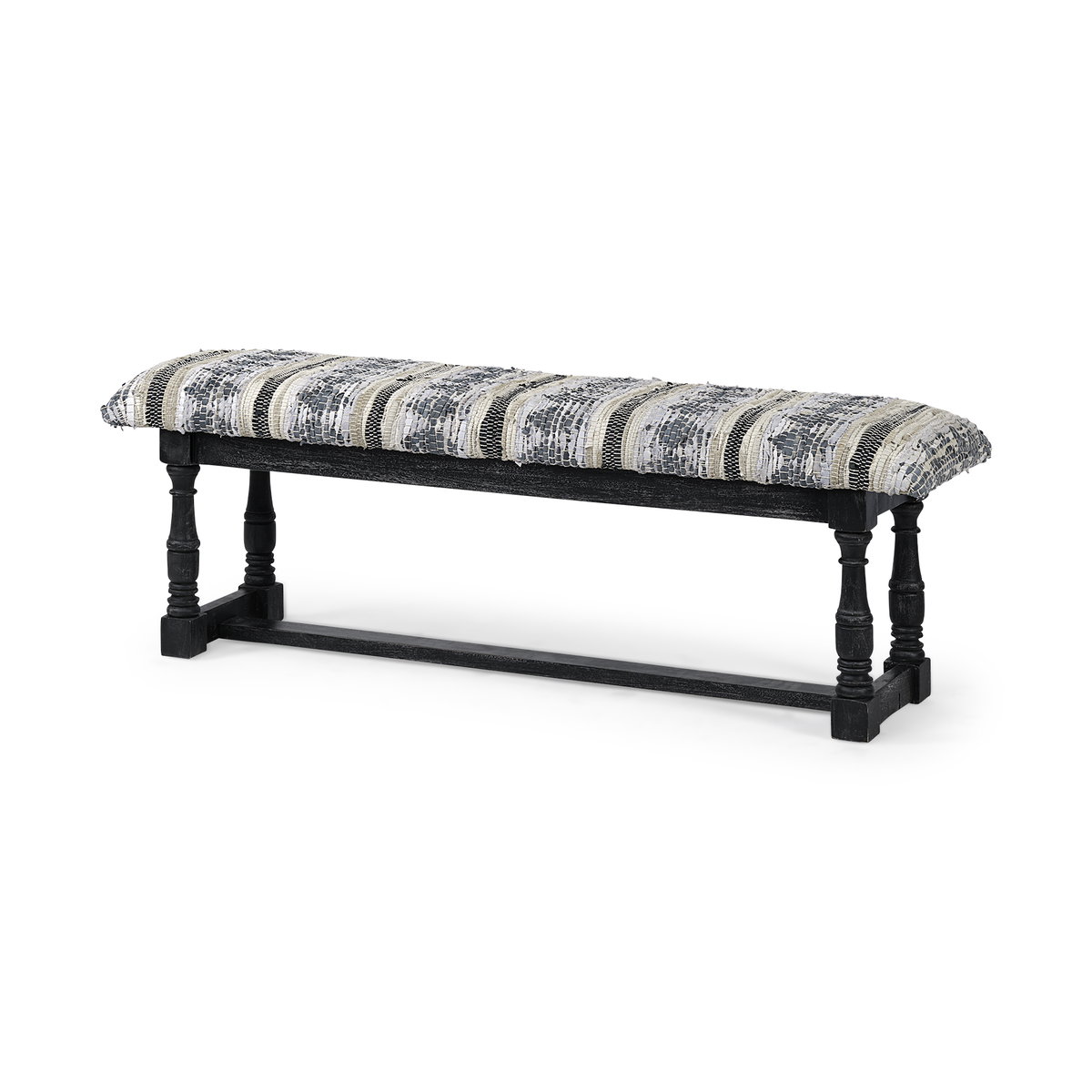 Denison II 56L x 15W Black Wood Base Woven-Leather Cushion Top Accent Bench, Benche by Mercana, 56" length x 14.5" width x 19" height View 1