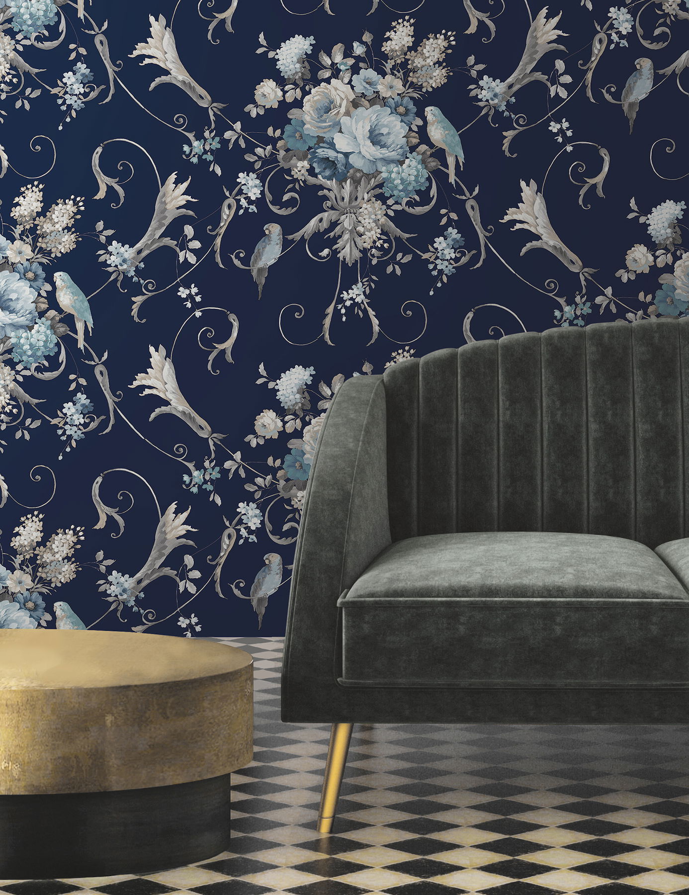 Parrots with Floral Bouquets Navy Peel & Stick Wallpaper large image 