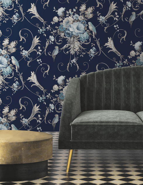Parrots with Floral Bouquets Navy Peel & Stick Wallpaper