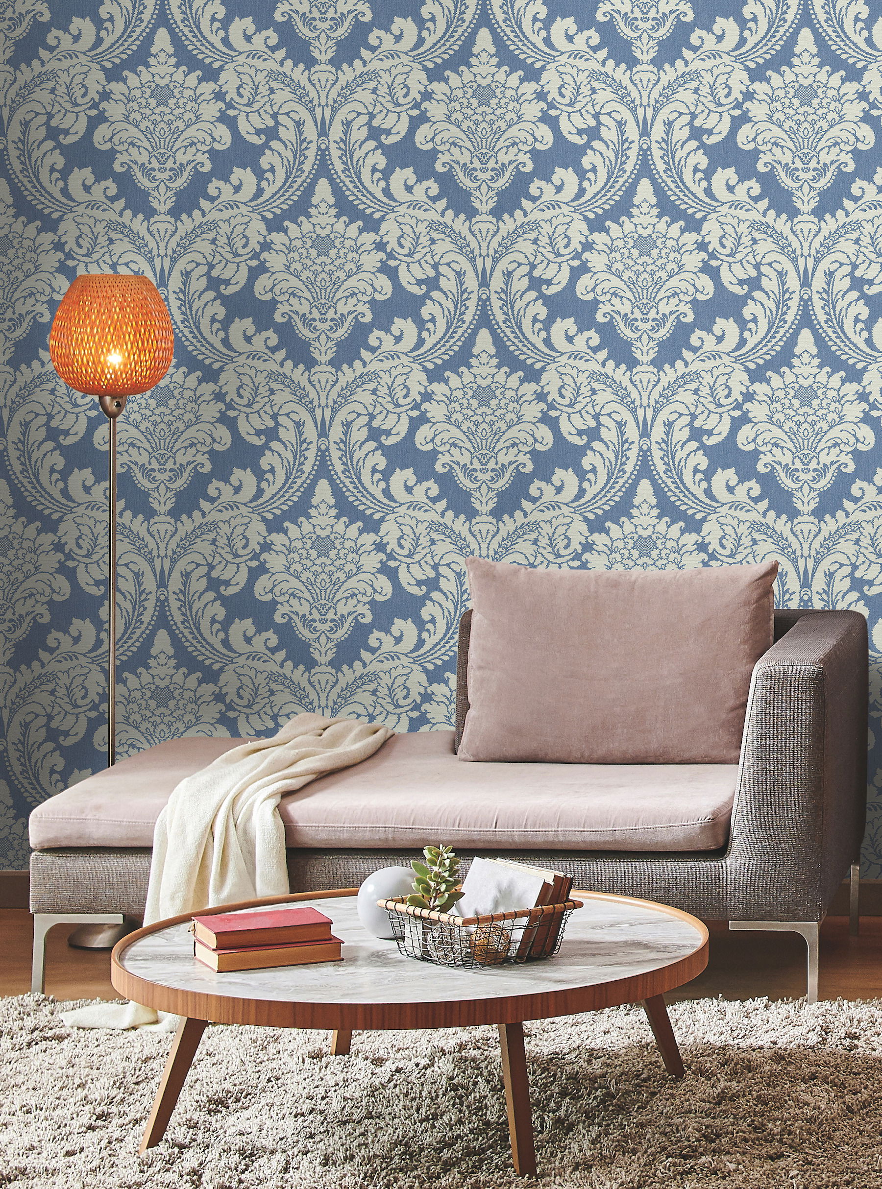 Tapestry Damask Blue Wallpaper, by York Wall, 27' length x 2'3" width x 0.02" depth View 2