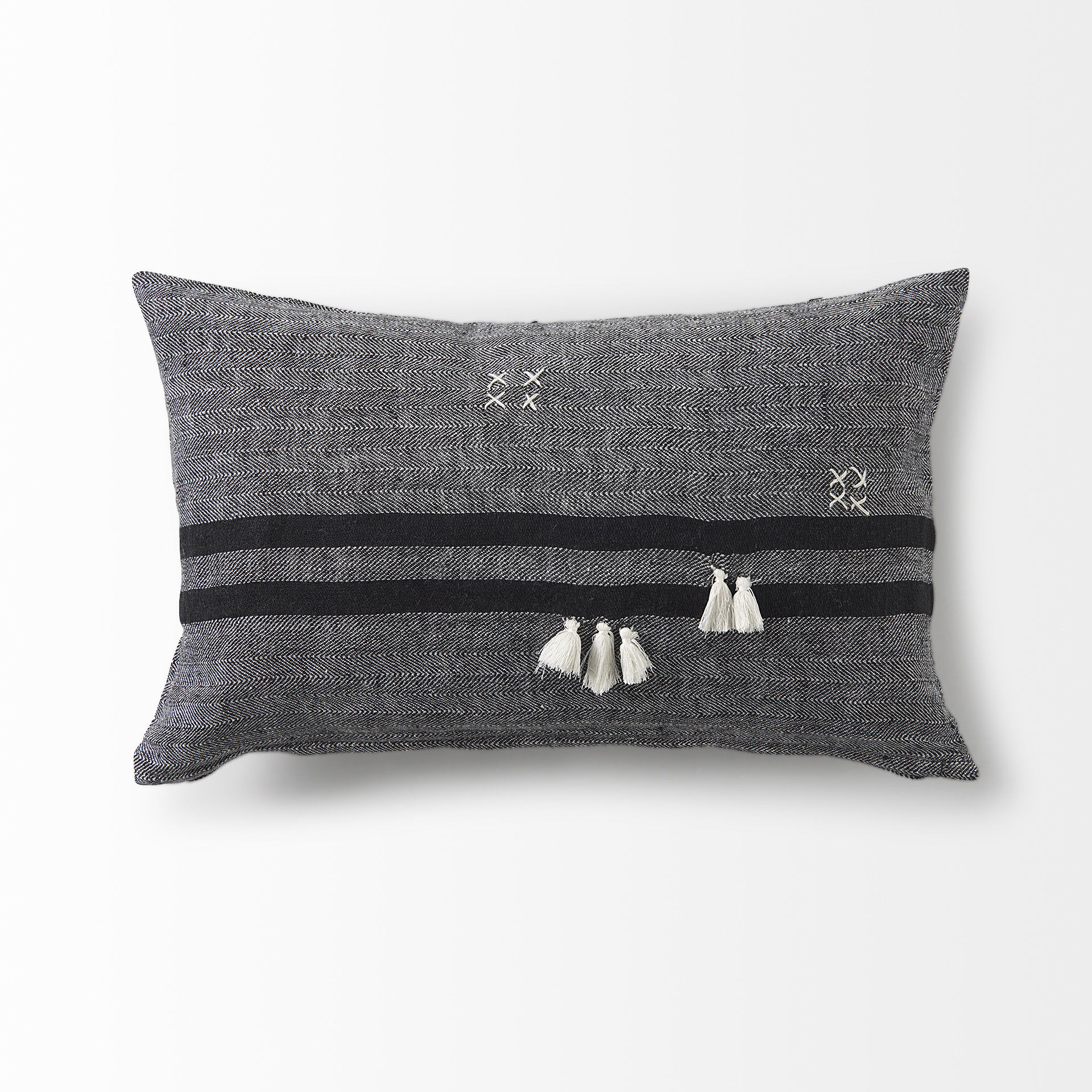 Sibyl 13L x 21W Black Fabric Striped and White Fringed Decorative Pillow Cover large image 