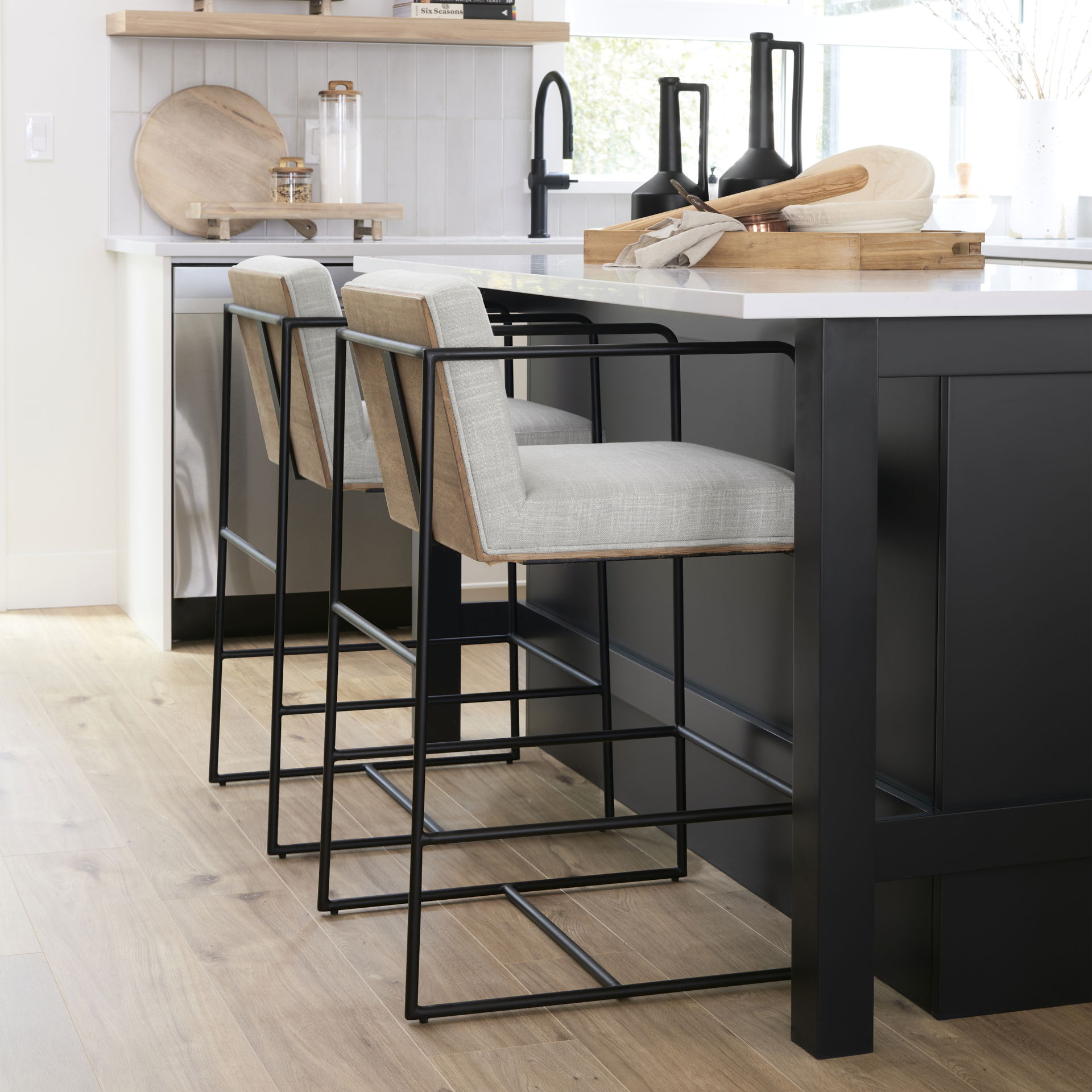 Stamford 36' Total Height Light Beige Upholstered Seat with Wood Back, Metal Frame Counter Stool, Counter & Bar Stool by Mercana, 18.25" length x 22.5" width x 36.75" height View 2