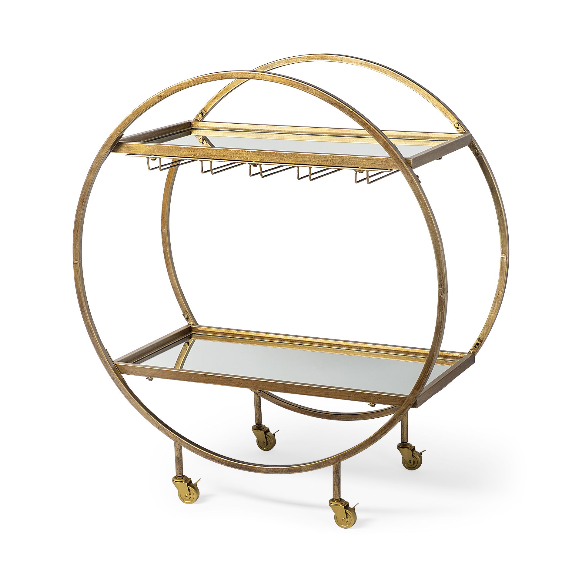 Carola Gold Frame Two-Tier Glass Shelves with Stemware Holder Bar Cart large image 