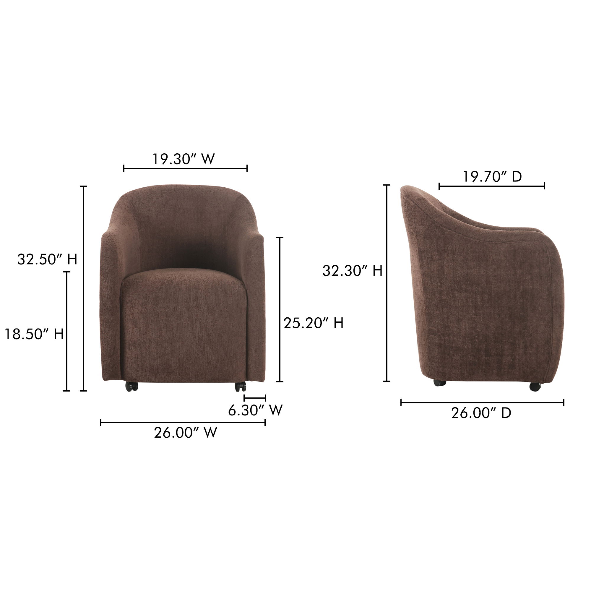 Drava Rolling Dining Chair Dark Brown, by Moe's Home, 26" width x 32.5" height x 26" depth View 10