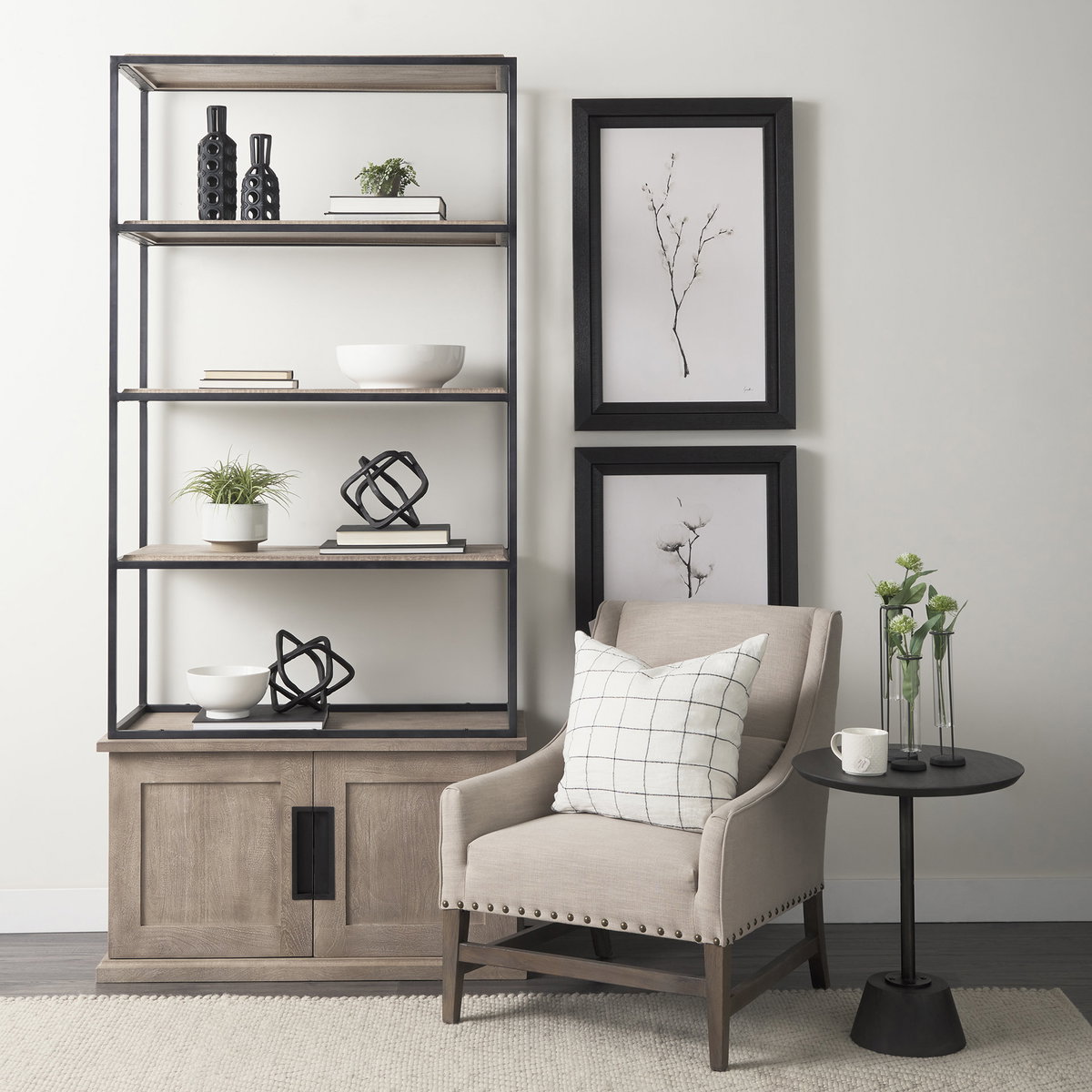 Braxton II Light Brown Wood and Iron Three Shelf Shelving Unit 41.5L x 18.5W x 9, Shelving & Bookcase by Mercana, 41.5" length x 18.5" width x 90" height View 2