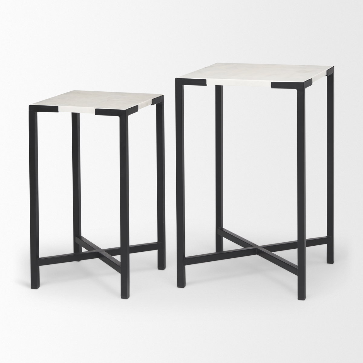 Lucas III (Set of 2) 15L x 15W; 12L x 12W White Marble with Black Iron Frame Accent Tables, Side & End Table by Mercana, 15" length x 15" width x 24" height View 7