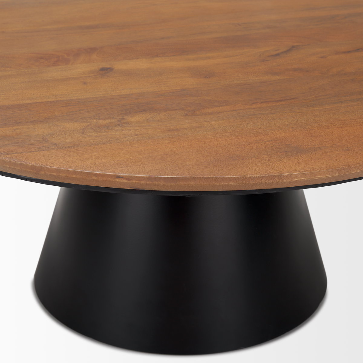 Mitchell 40.0L x 40.0W x 16.0H Black Metal Pedestal Base with Brown Wood Top Coffee Table, by Mercana, 40" length x 40" width x 16.5" height View 6