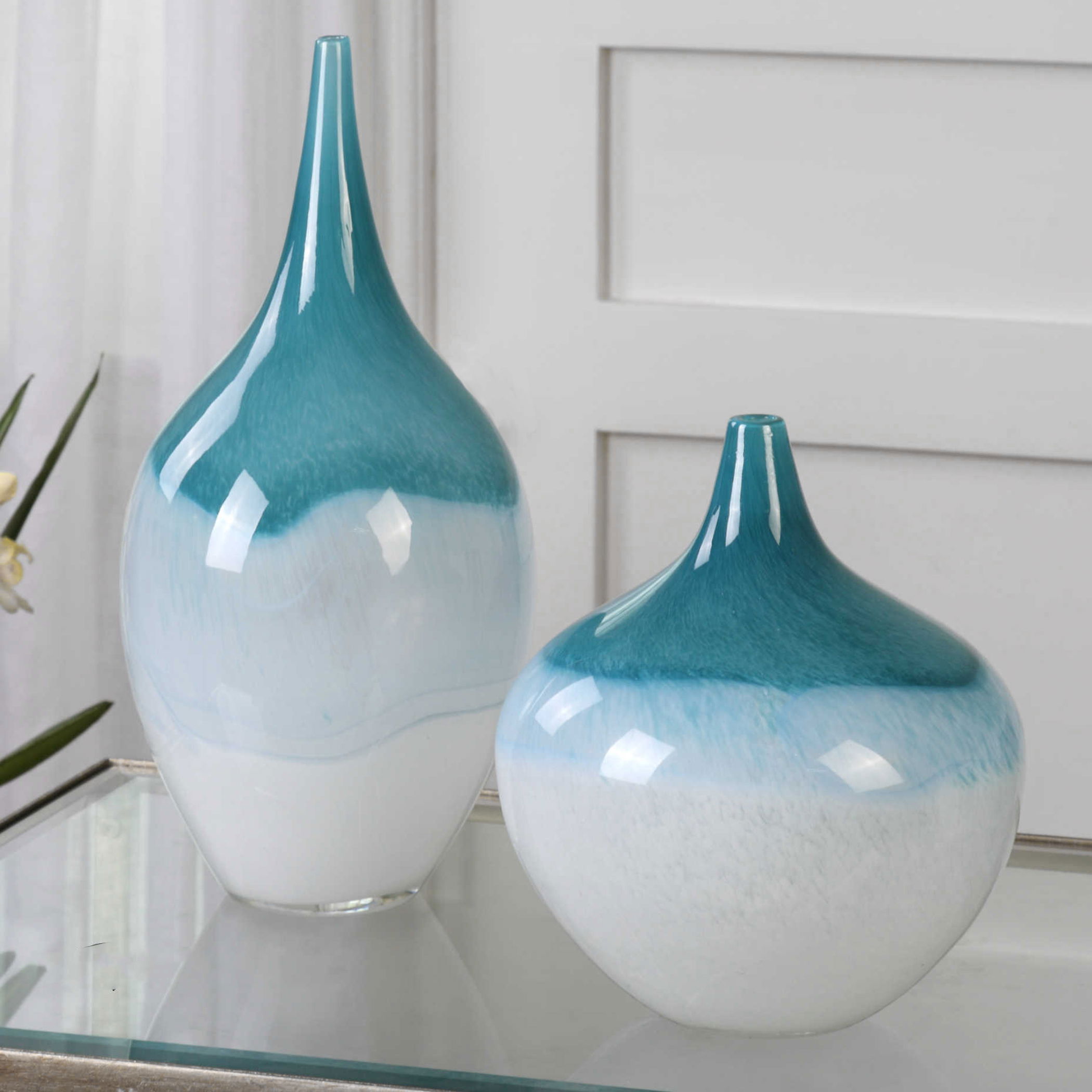 Carla Teal White Vases Set/2, Decorative by Uttermost, 7.5" width x 15" height x 7.5" depth View 2