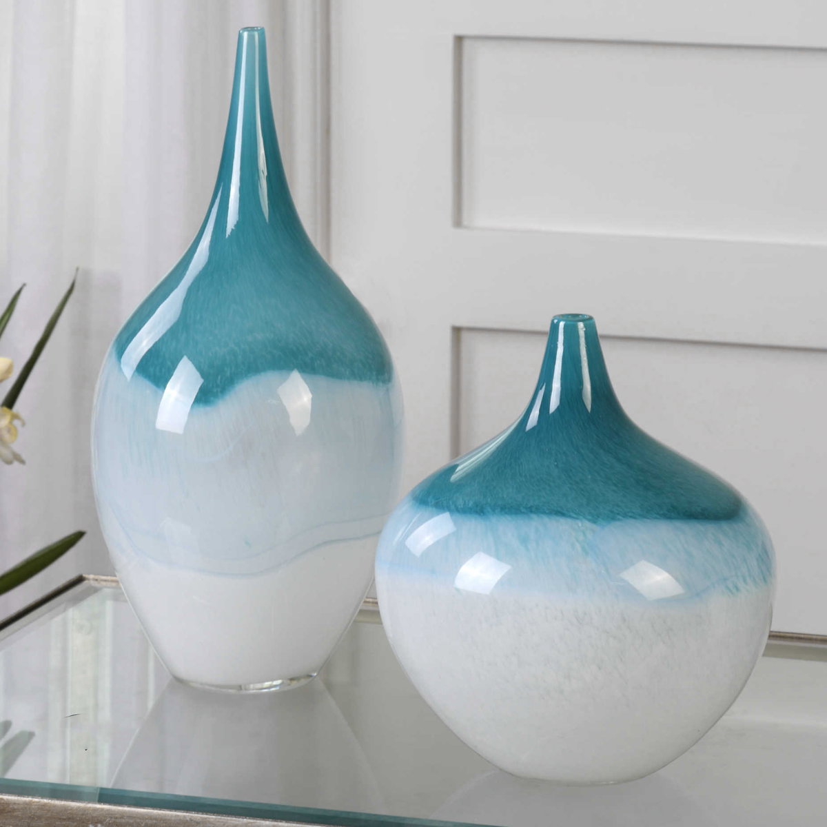 Carla Teal White Vases Set/2, Decorative by Uttermost, 7.5" width x 15" height x 7.5" depth View 2