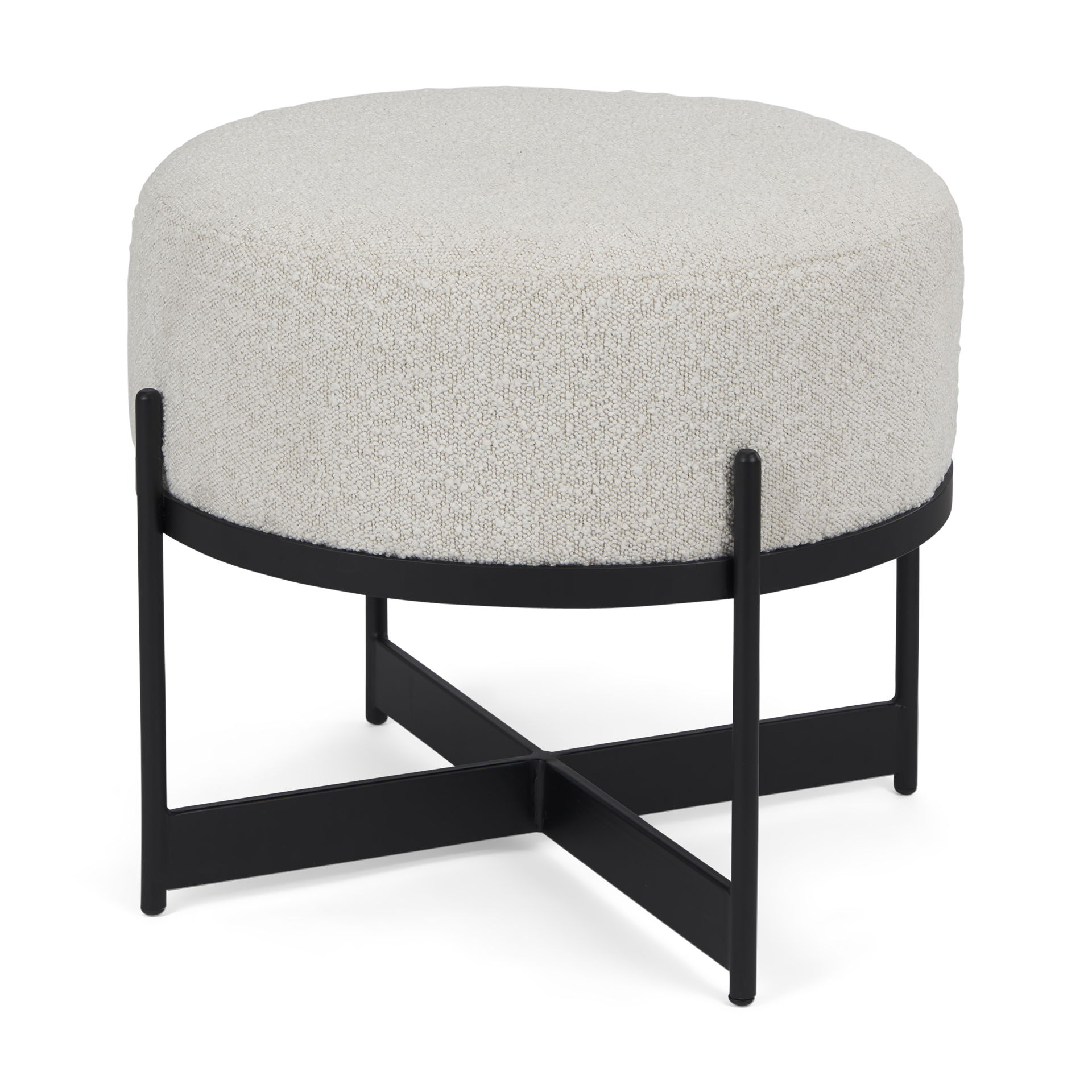 Amelia Cream Boucle with Black Metal Upholstered Pouf, Ottoman by Mercana, 21.26" length x 21.26" width x 19" height View 1