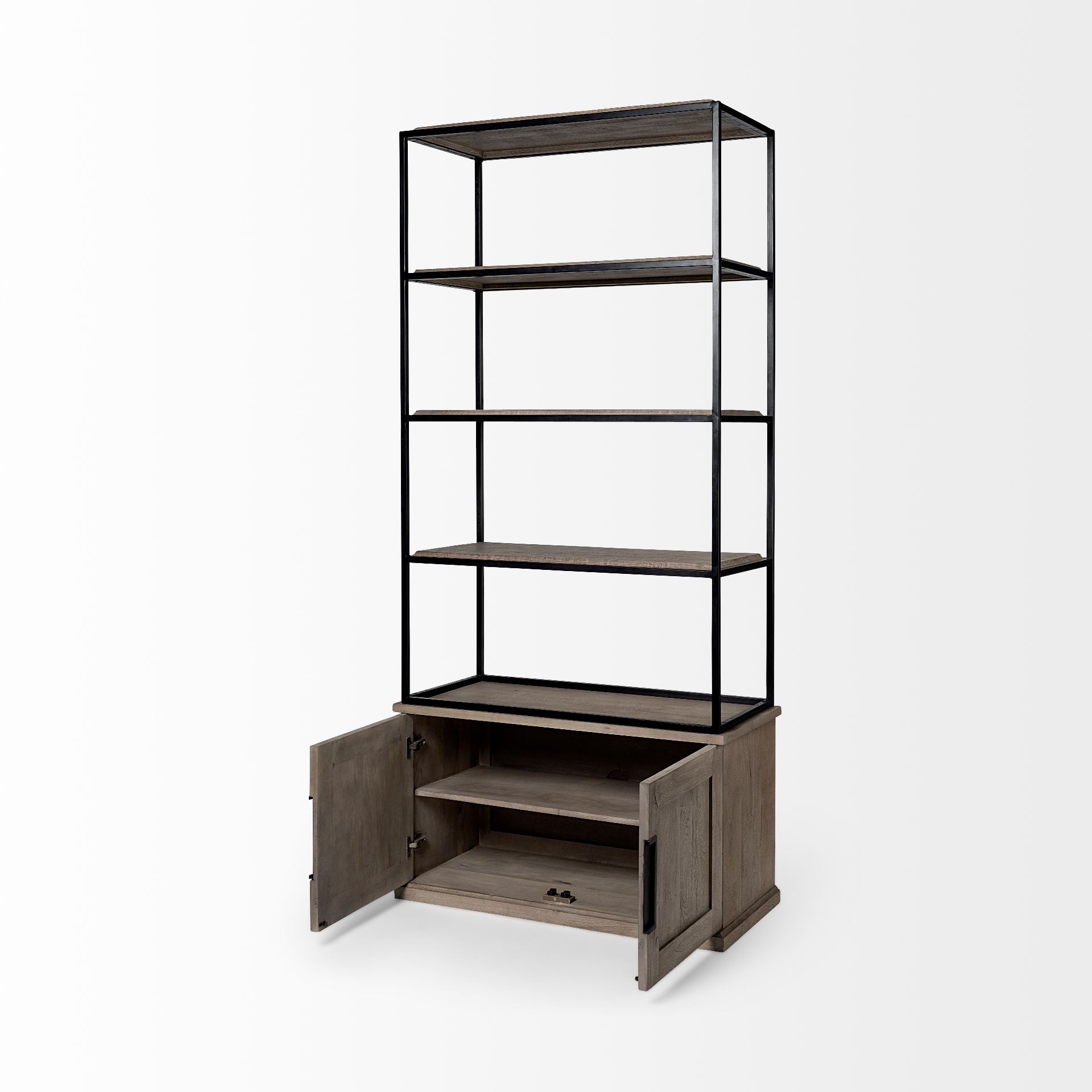 Braxton II Light Brown Wood and Iron Three Shelf Shelving Unit 41.5L x 18.5W x 9, Shelving & Bookcase by Mercana, 41.5" length x 18.5" width x 90" height View 7