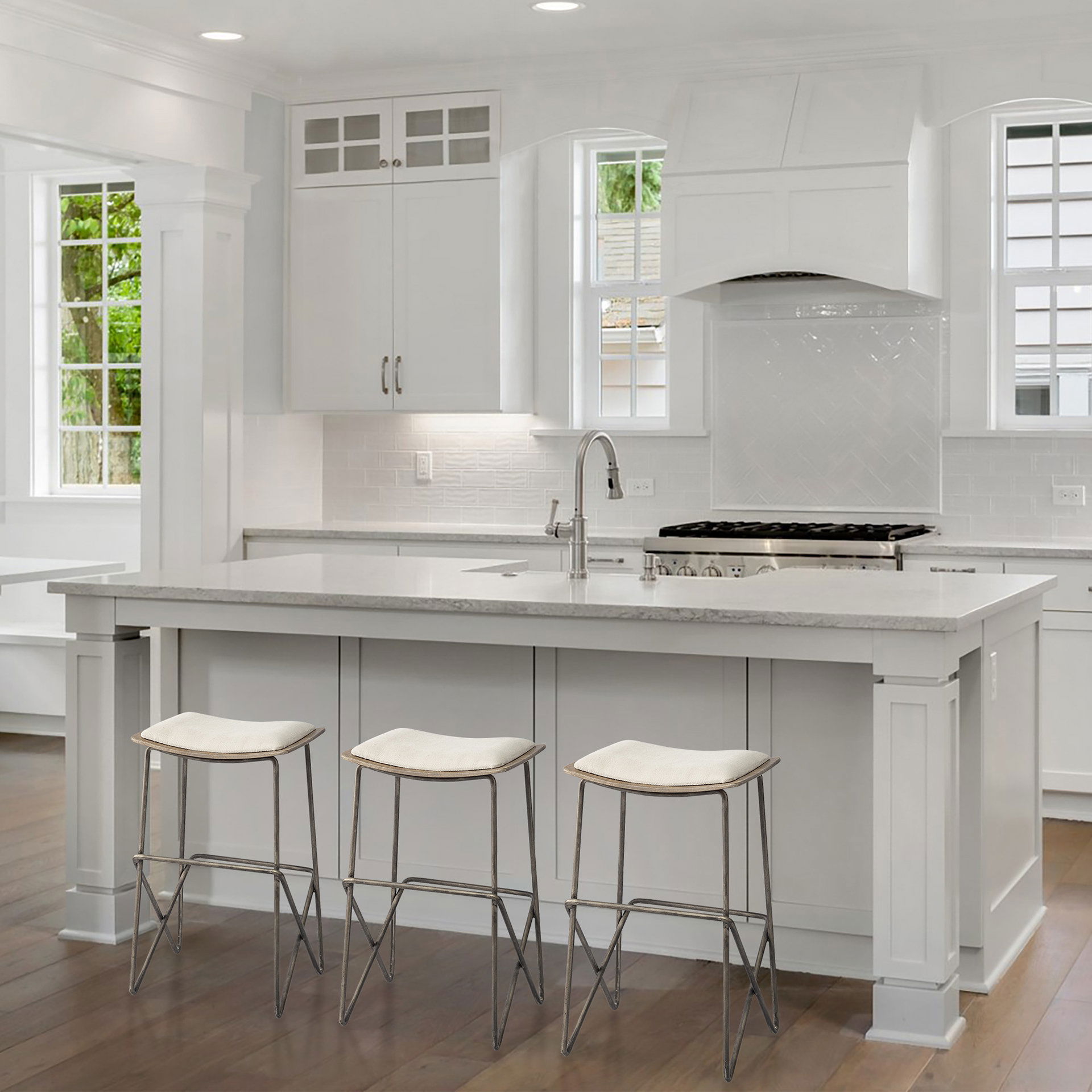 Katniss 26' Total Height Cream Fabric Seat Gold Metal Frame Counter Stool, Counter & Bar Stool by Mercana, 16" length x 16" width x 26" height View 2