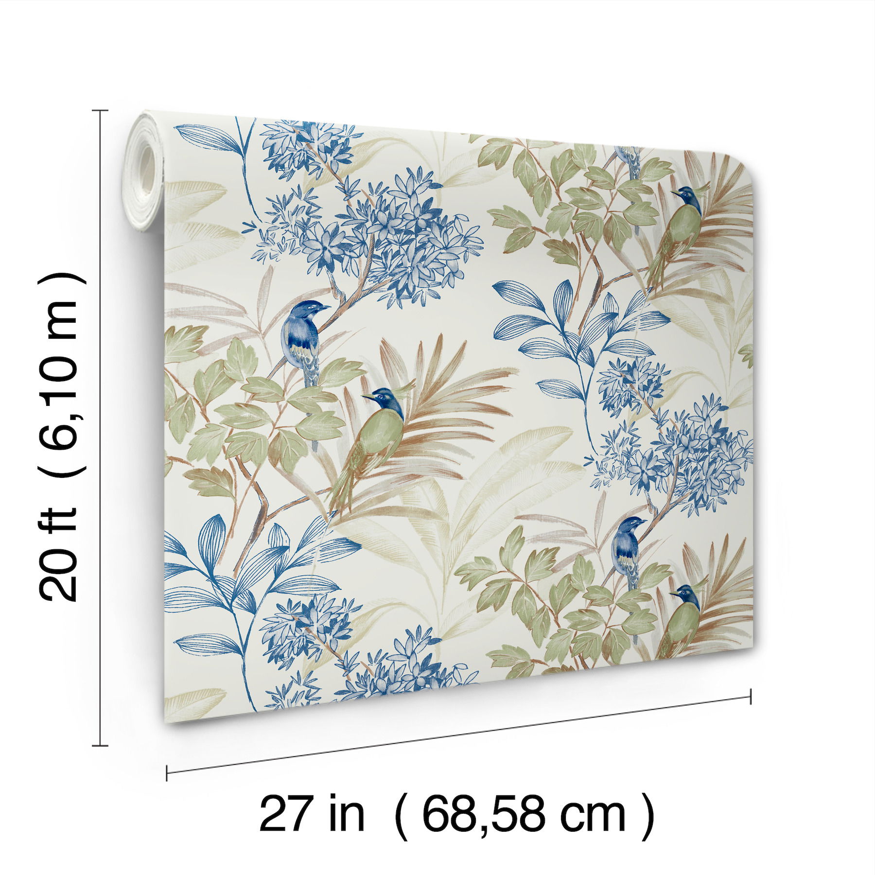 Handpainted Songbird Green & Blue Peel & Stick Wallpaper large image 