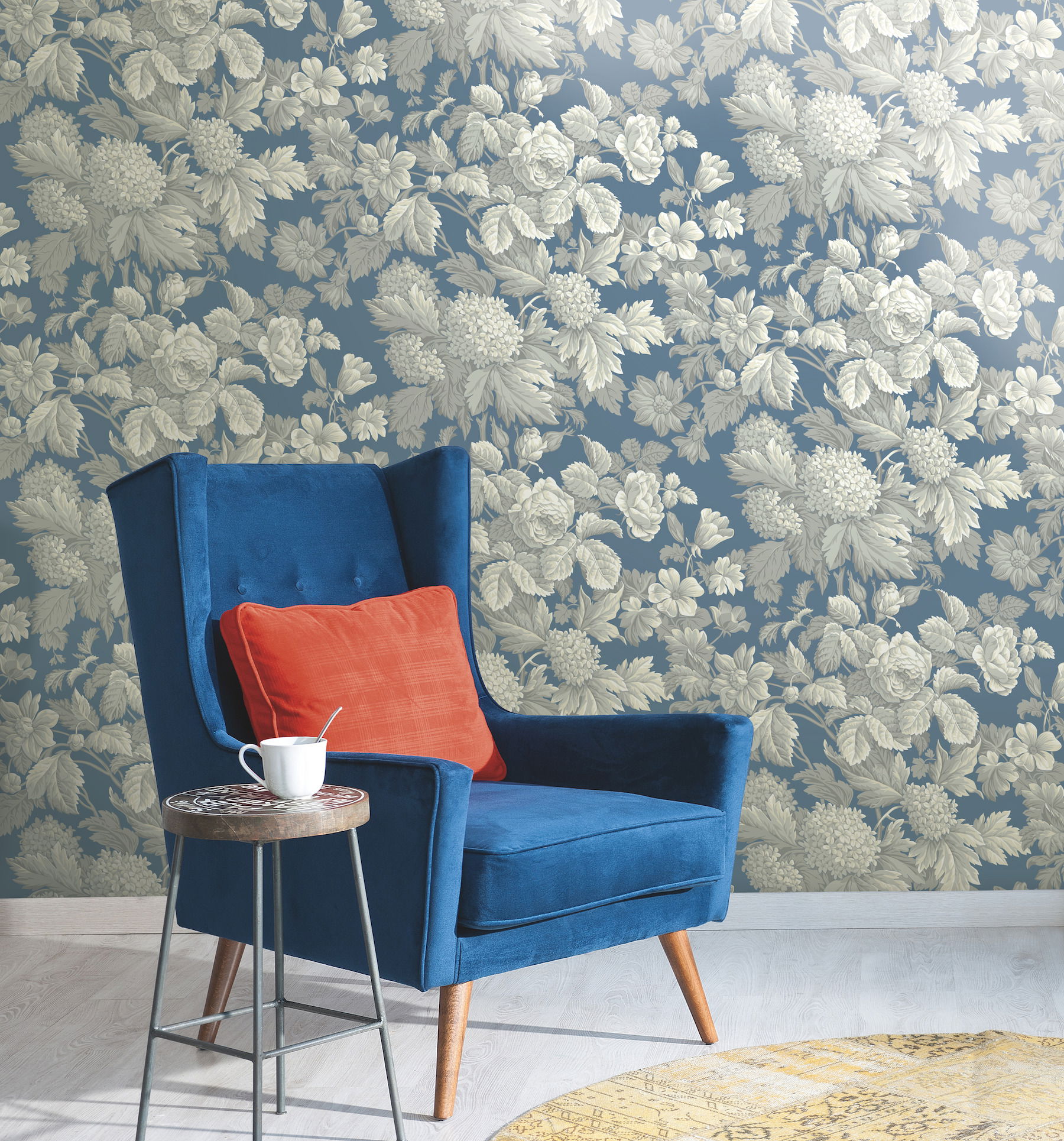 Antique Floral in Wedgewood Blue & Grey Wallpaper large image 