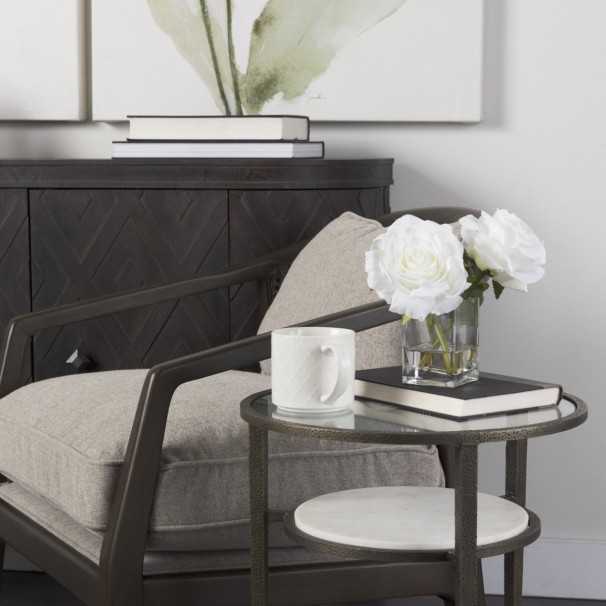 Felicity 15.8L X 15.8W X 22.5H Glass Top with White Marble Shelf and Antique Gold Base End/Side Table, Side & End Table by Mercana, 15.75" length x 15.75" width x 22.5" height View 3