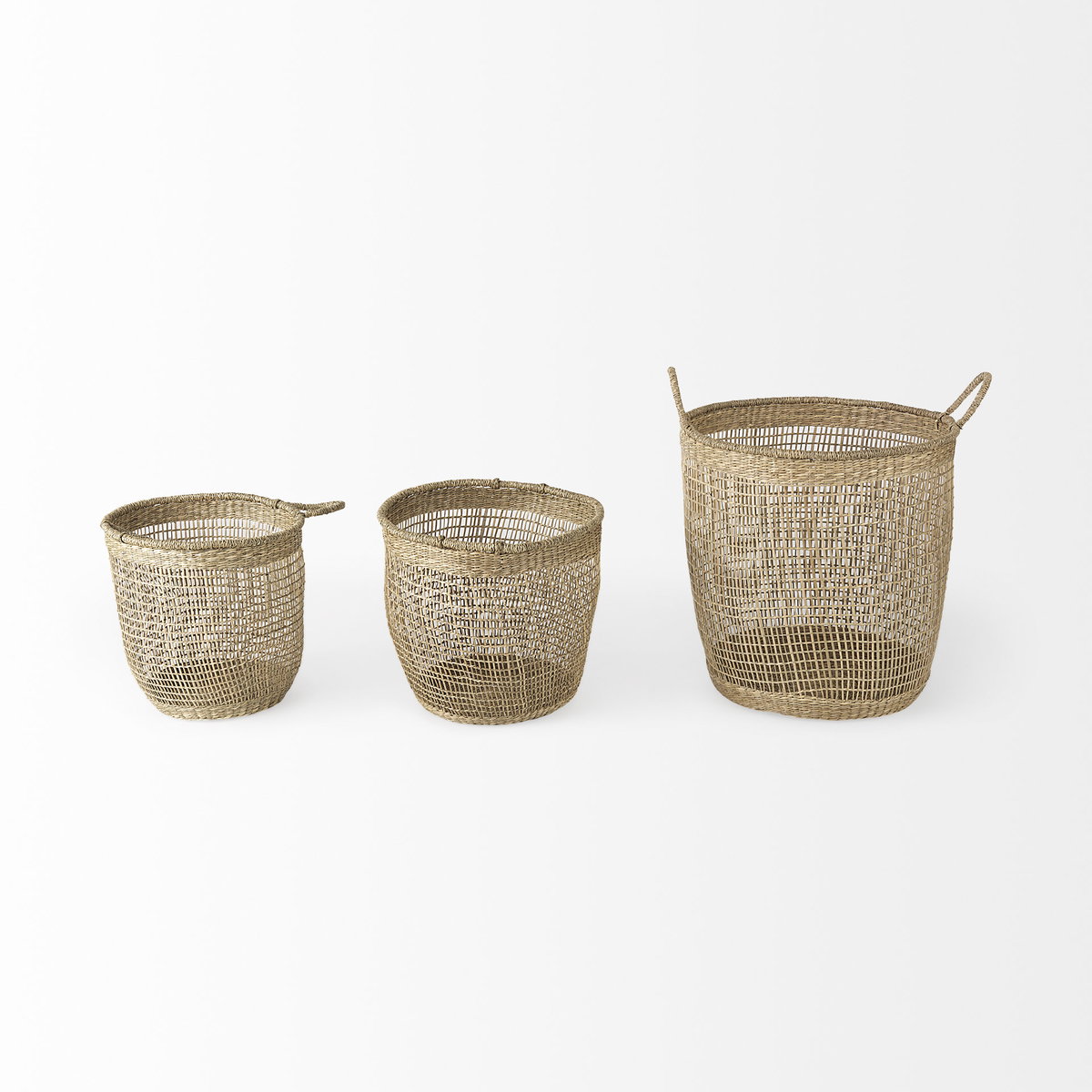 Bowie  (Set of 3) Medium Brown Seagrass Round Basket with Handles, Bins & Basket by Mercana, 19.69" length x 19.69" width x 19.69" height View 2