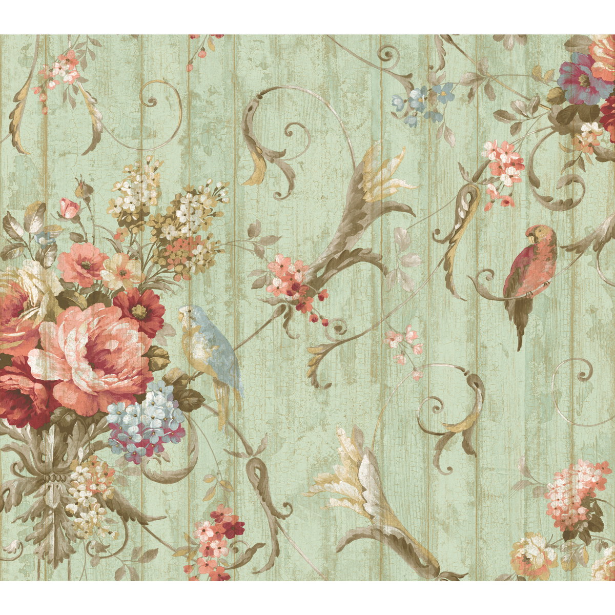 Parrots with Floral Bouquets Blue Wallpaper, by York Wall, 27' length x 2'3" width x 0.02" depth View 1