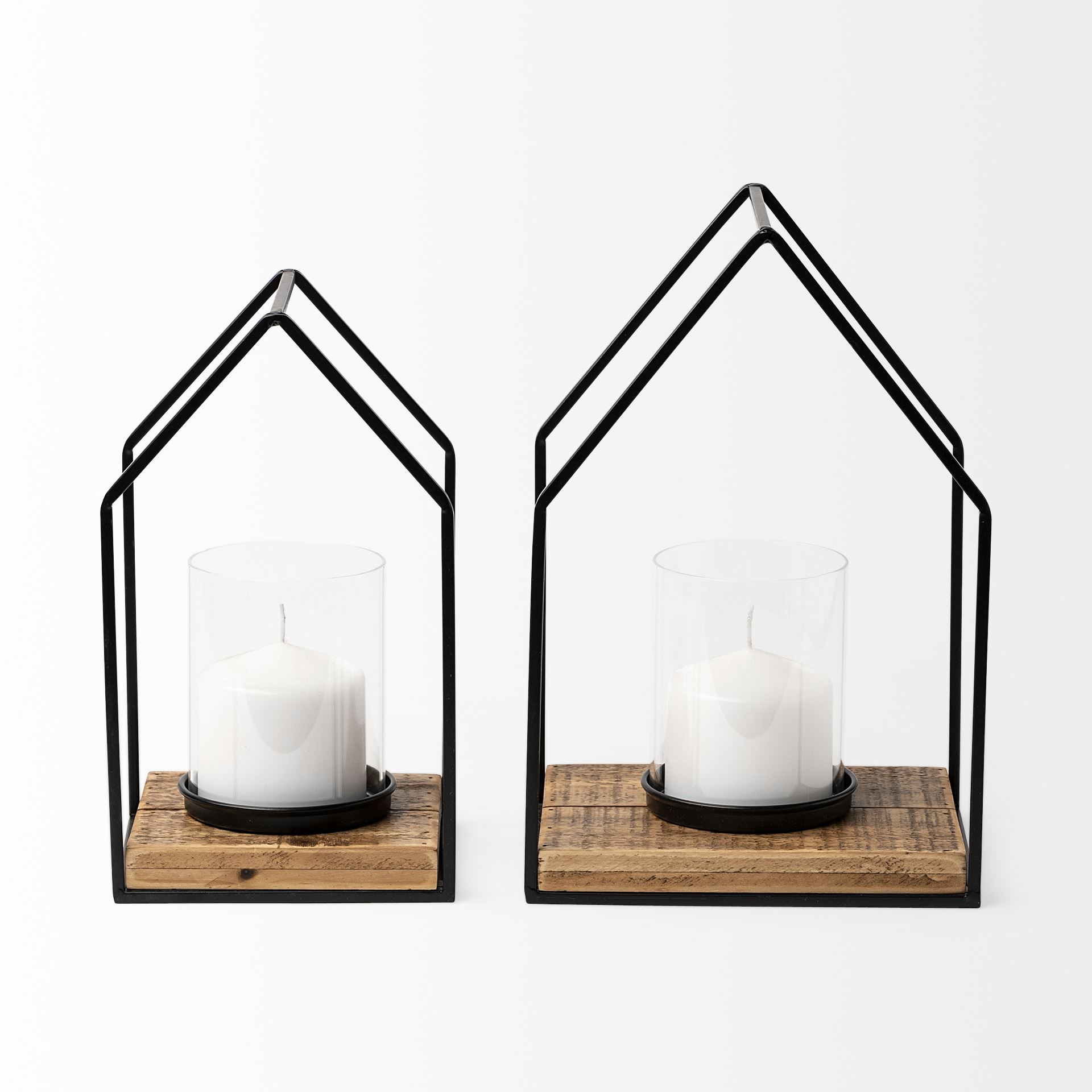 Leopold Set of Two Black Metal Wooden Base Table Candle Holders, Candles & Candle Holder by Mercana, 8" length x 5.91" width x 11.81" height View 4