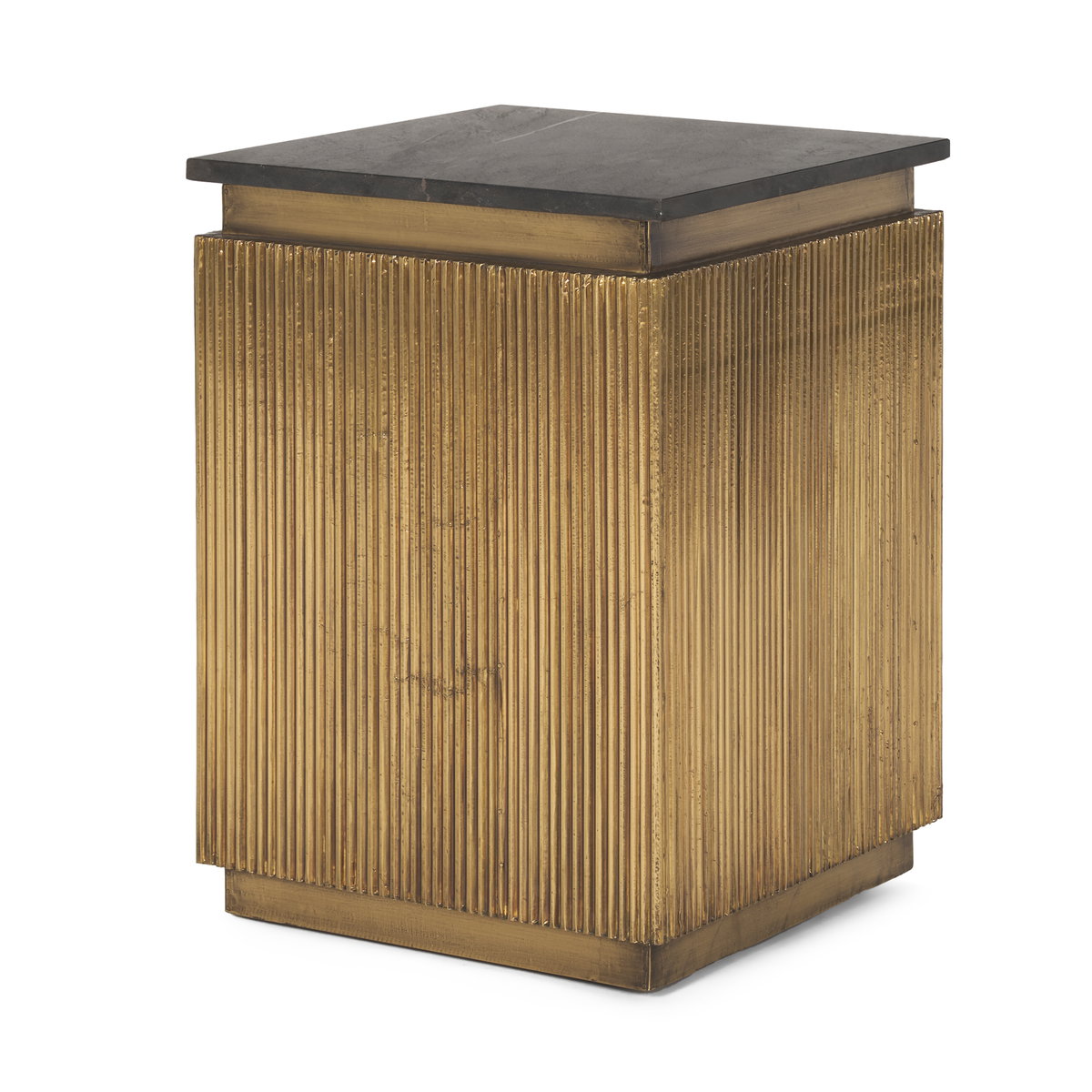 Satima Black Marble with Gold Metal Square Fluted Accent Table, Side & End Table by Mercana, 16" length x 16" width x 22" height View 1