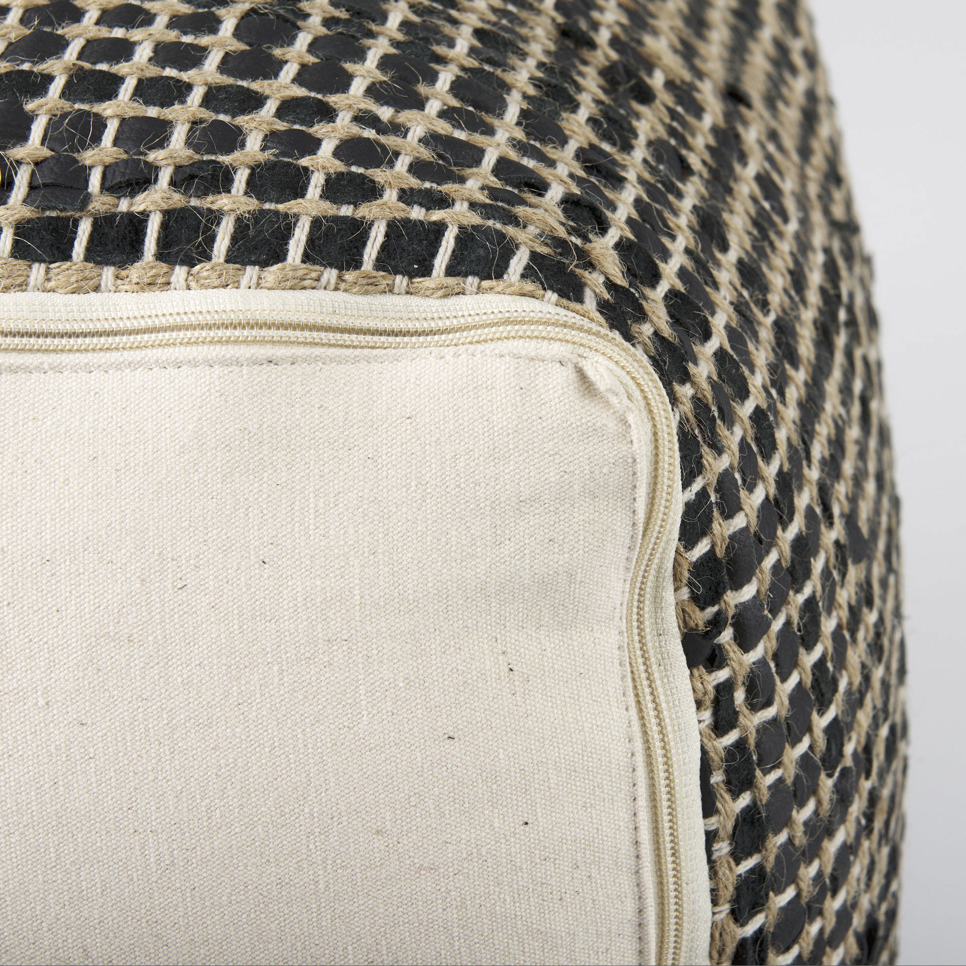 Aalia  Charcoal Leather and Jute Pouf, Ottoman by Mercana, 16" length x 16" width x 16" height View 10