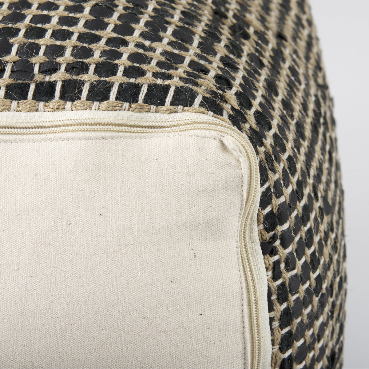 Aalia  Charcoal Leather and Jute Pouf, Ottoman by Mercana, 16" length x 16" width x 16" height View 10