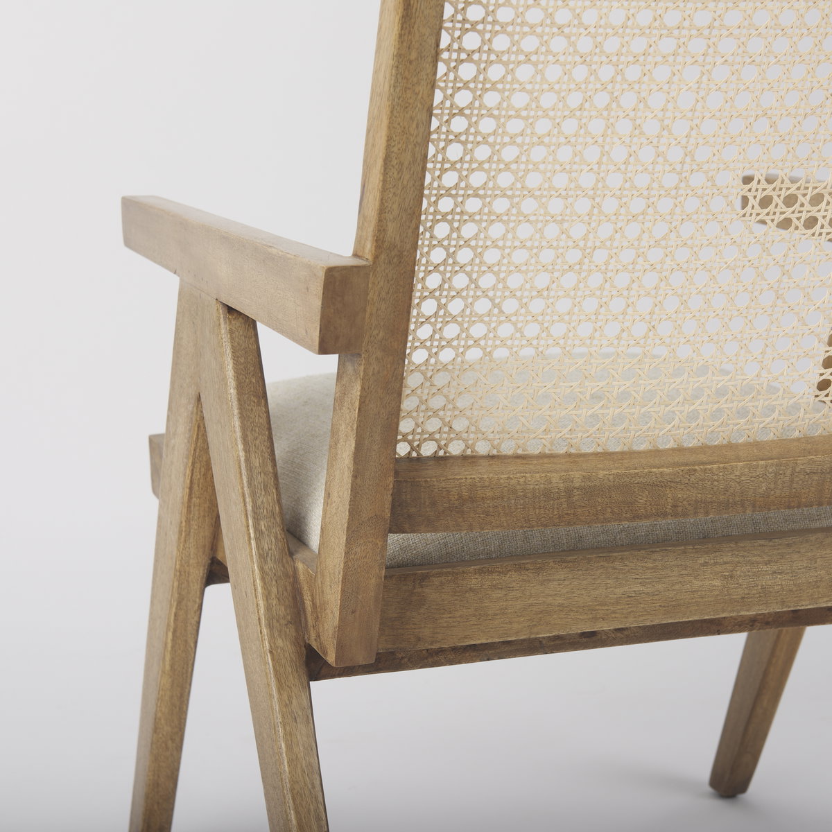 Donna Cane Back Dining Arm Chair | Light Beige Linen with Mango Wood, Dining Chair by Mercana, 21.65" length x 21.65" width x 29.52" height View 11