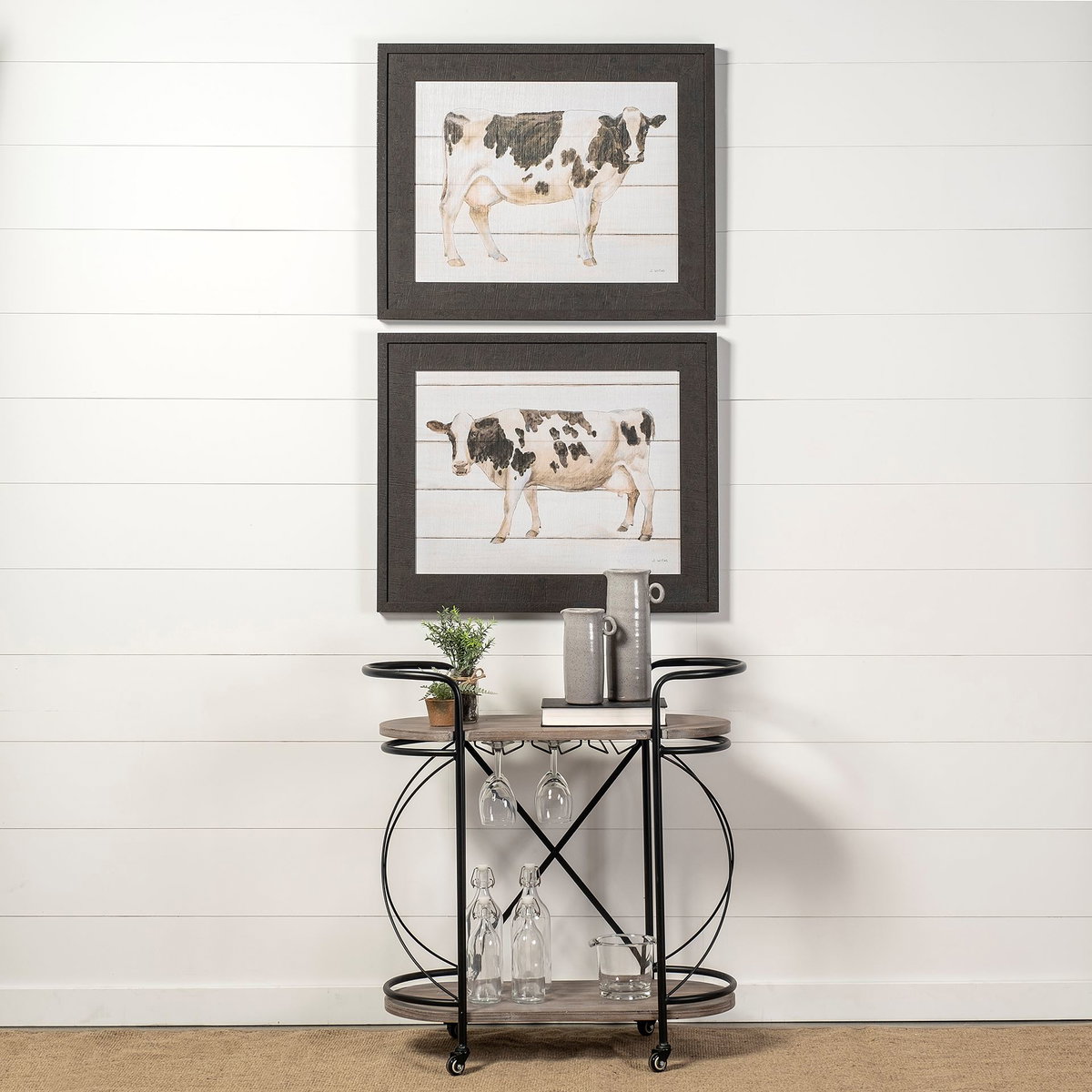 Marlon Black Metal Frame Two Tier Shelves with Stemware holder Bar Cart, Bar Carts & Cabinet by Mercana, 34.65" length x 15.35" width x 34.25" height View 2